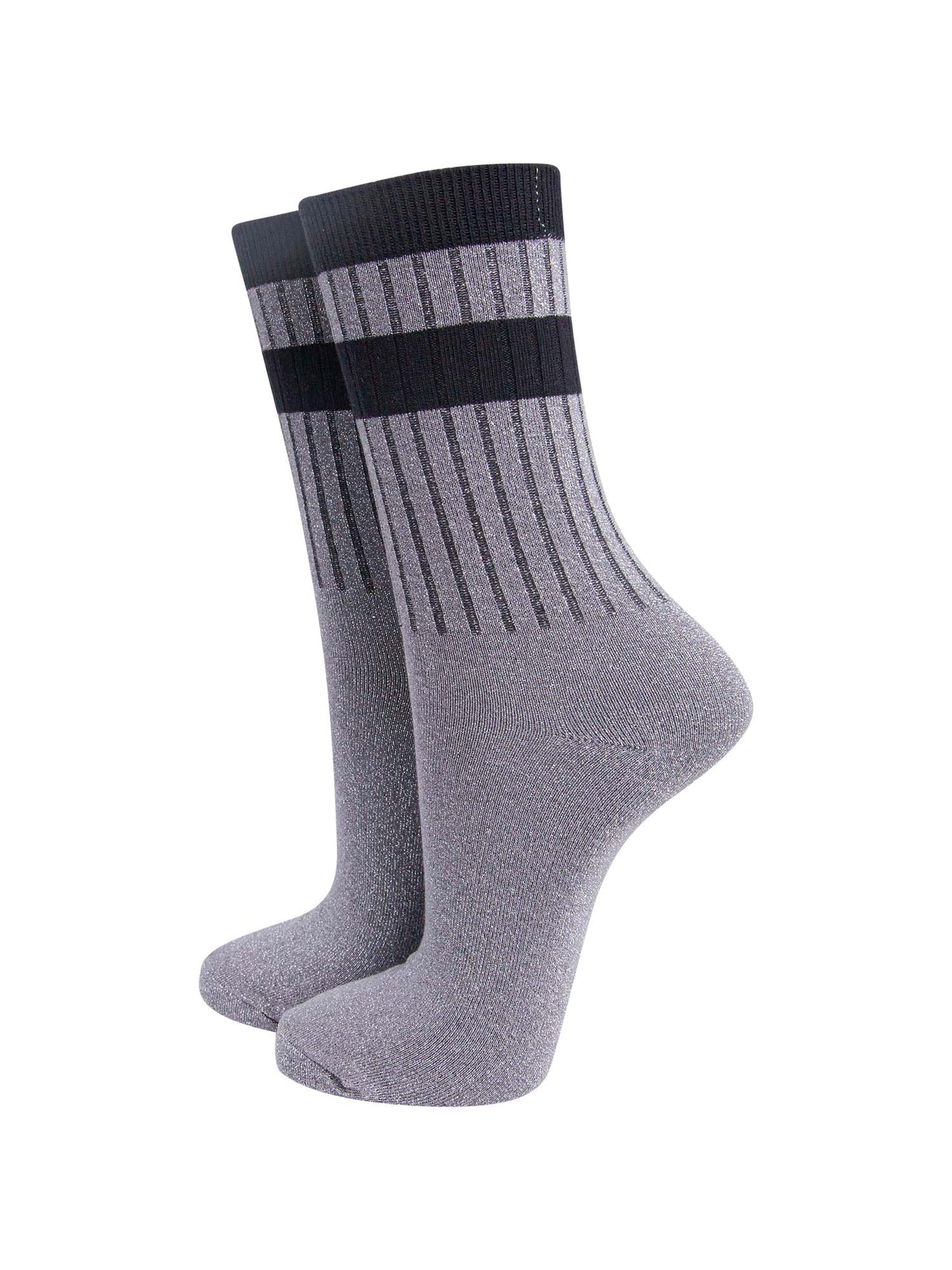 grey glitter sparkly ankle socks with ribbed cuffs and two sports style horizontal stripes on the cuff