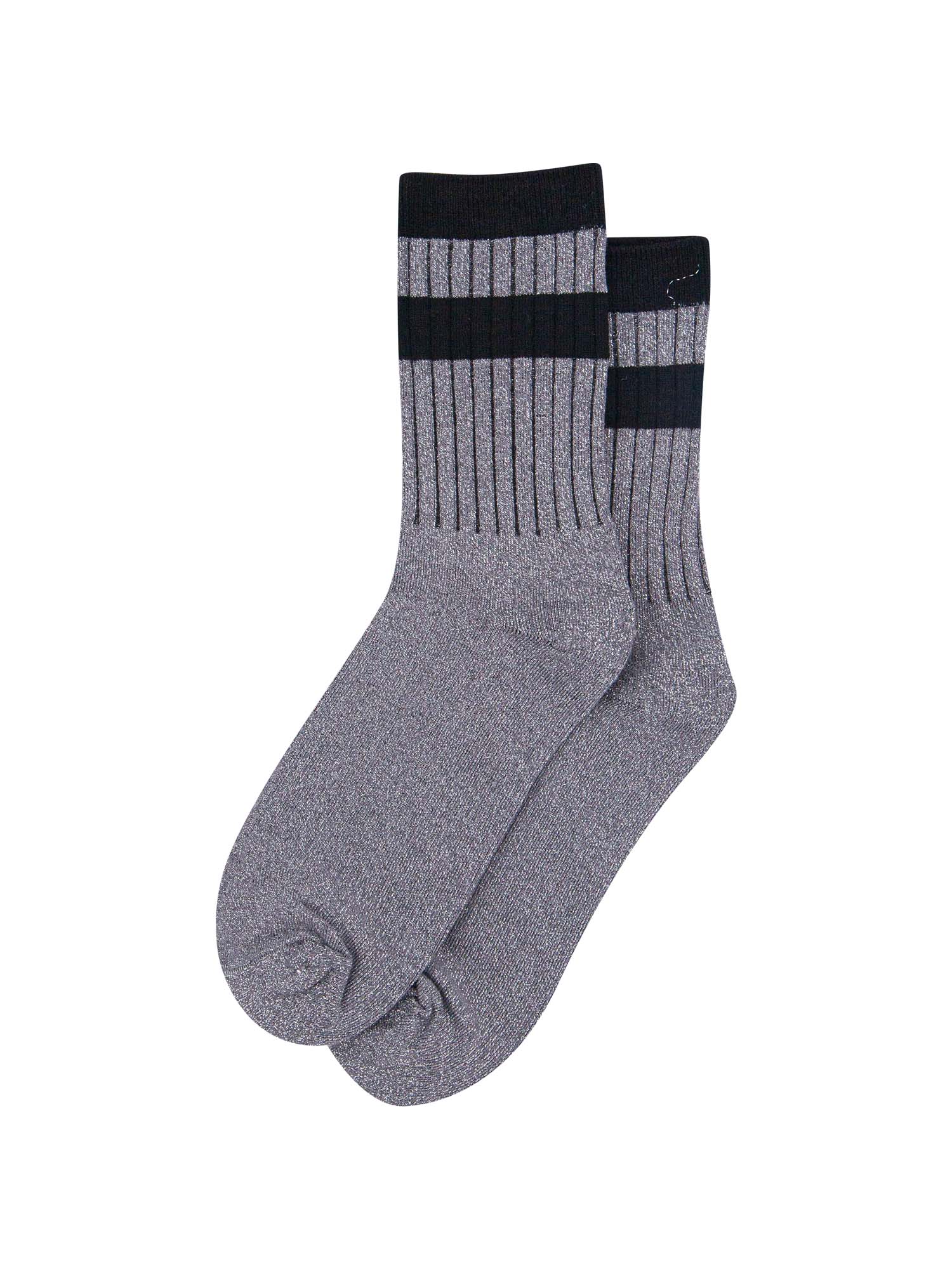 showing the socks laying flat, they have an all over silver glitter sparkle, ribbed cuffs and black striped bands on the cuff and ankle