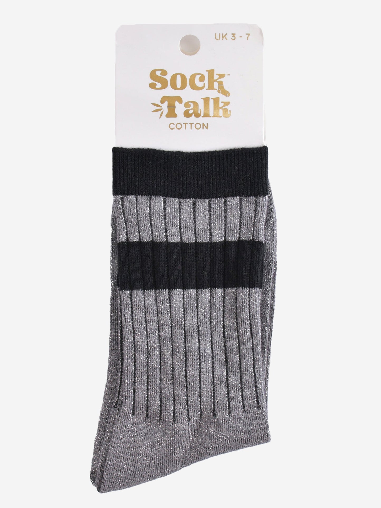 grey glitter striped cuff sports socks in their sock talk packaging, the socks are a uk size 3-7