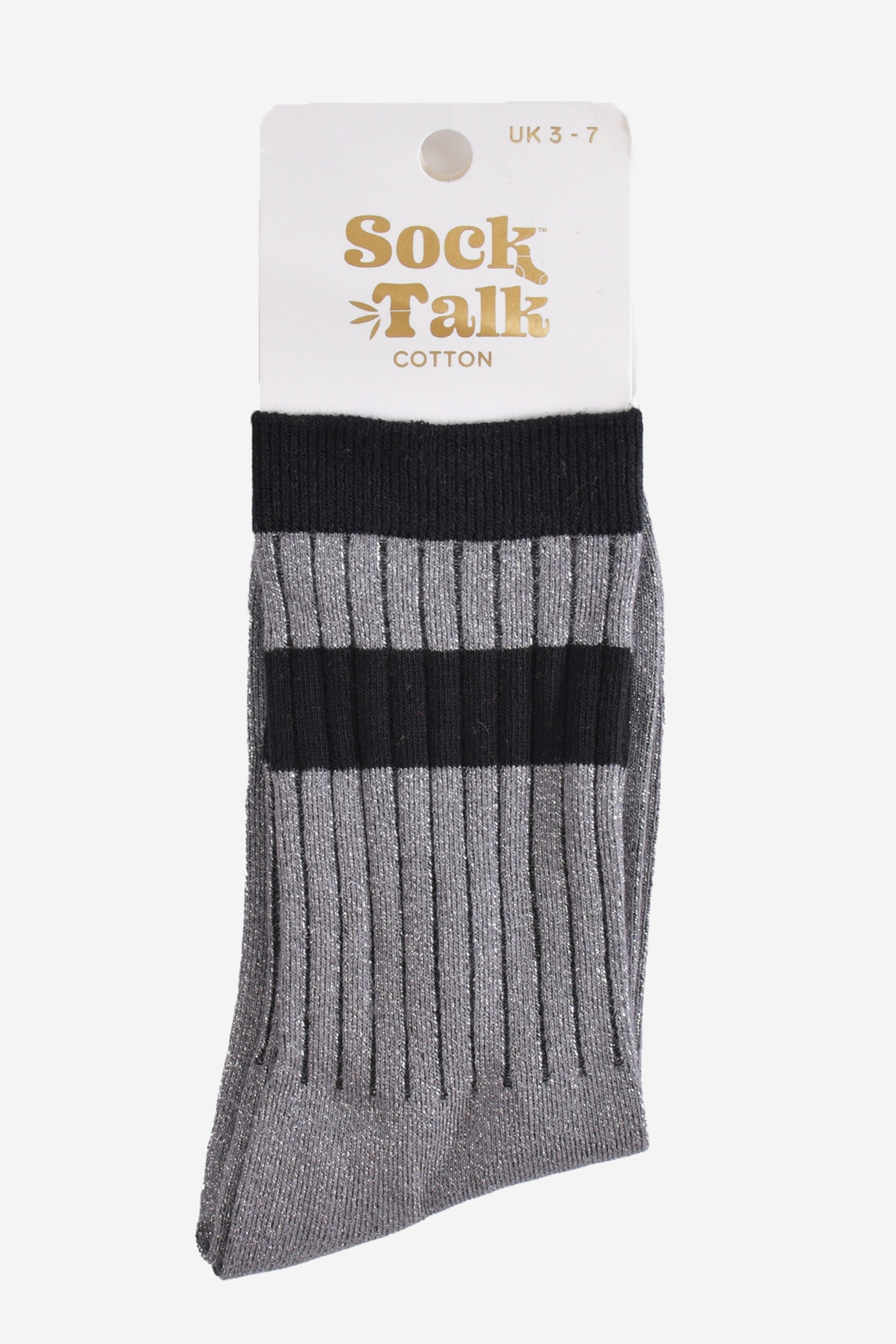 grey glitter striped cuff sports socks in their sock talk packaging, the socks are a uk size 3-7