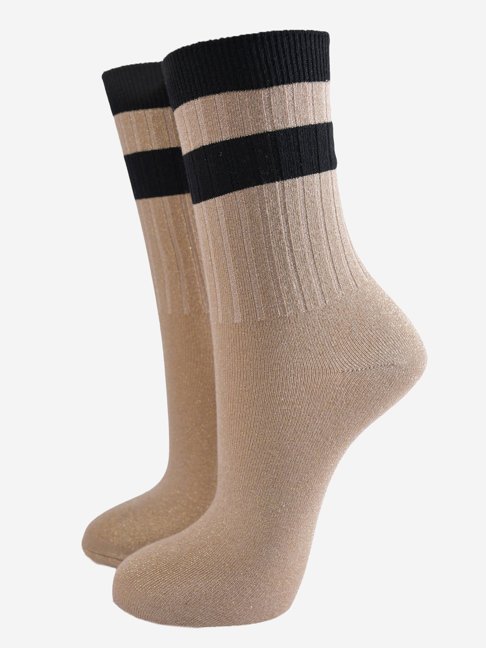 gold glitter sparkly ankle socks with ribbed cuffs and two sports style horizontal stripes on the cuff