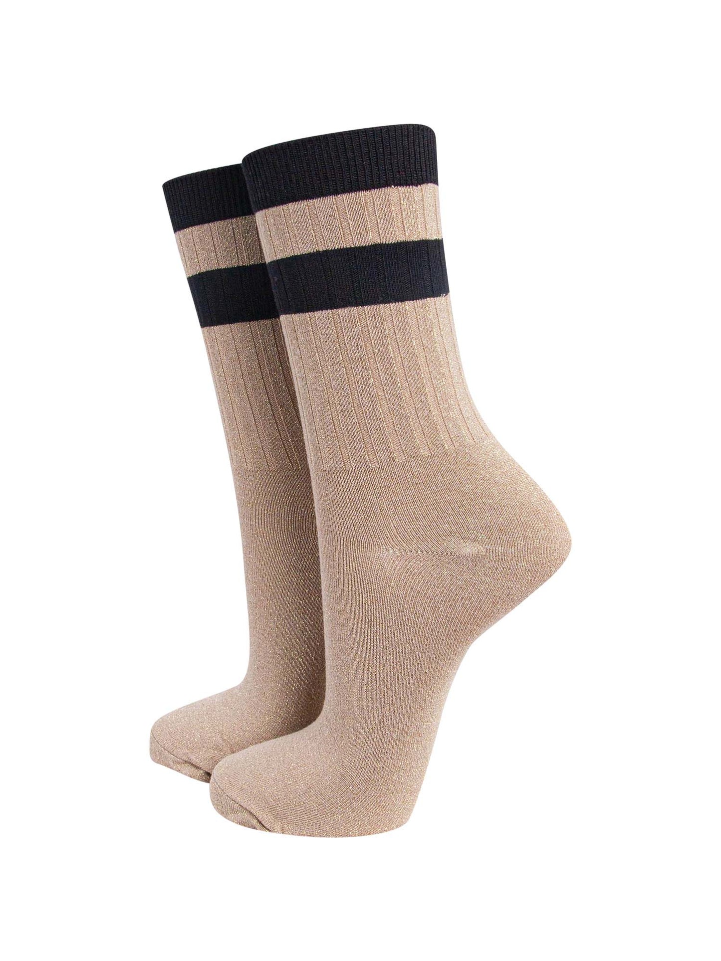 gold glitter sparkly ankle socks with ribbed cuffs and two sports style horizontal stripes on the cuff