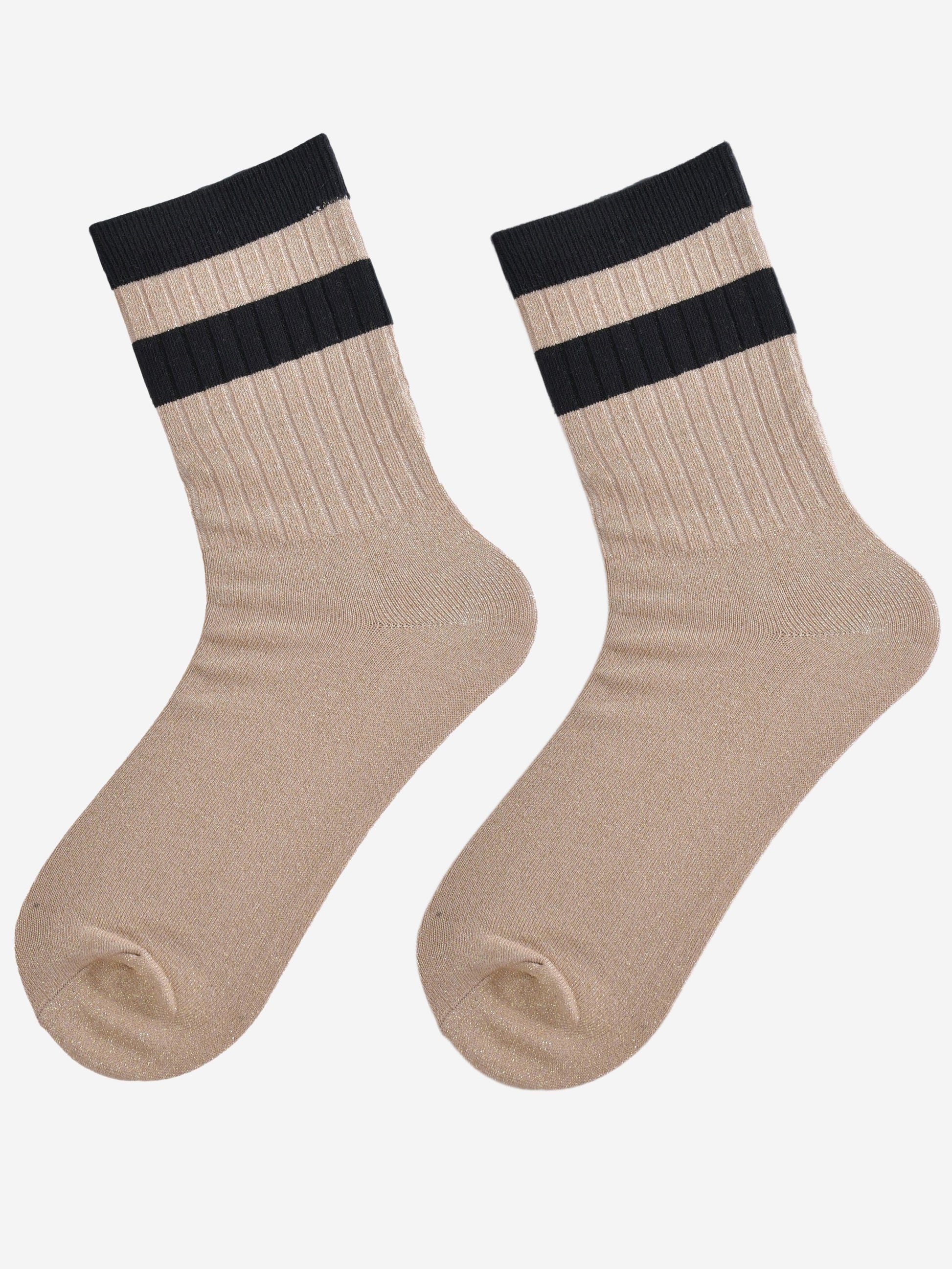 showing the socks laying flat, they have an all over gold glitter sparkle, ribbed cuffs and black striped bands on the cuff and ankle