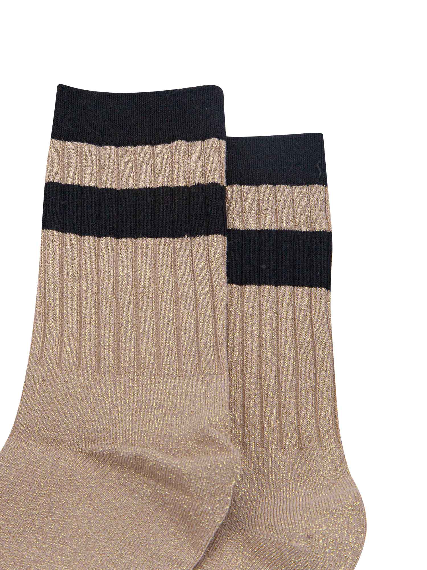 close up of the ribbed sports style cuffs on the socks. they have vertical ribbed details. the base of the socks are gold with a glitter sparkle. the cuff is black and there is a horizontal black band stripe, without glitter an inch below the cuff. 