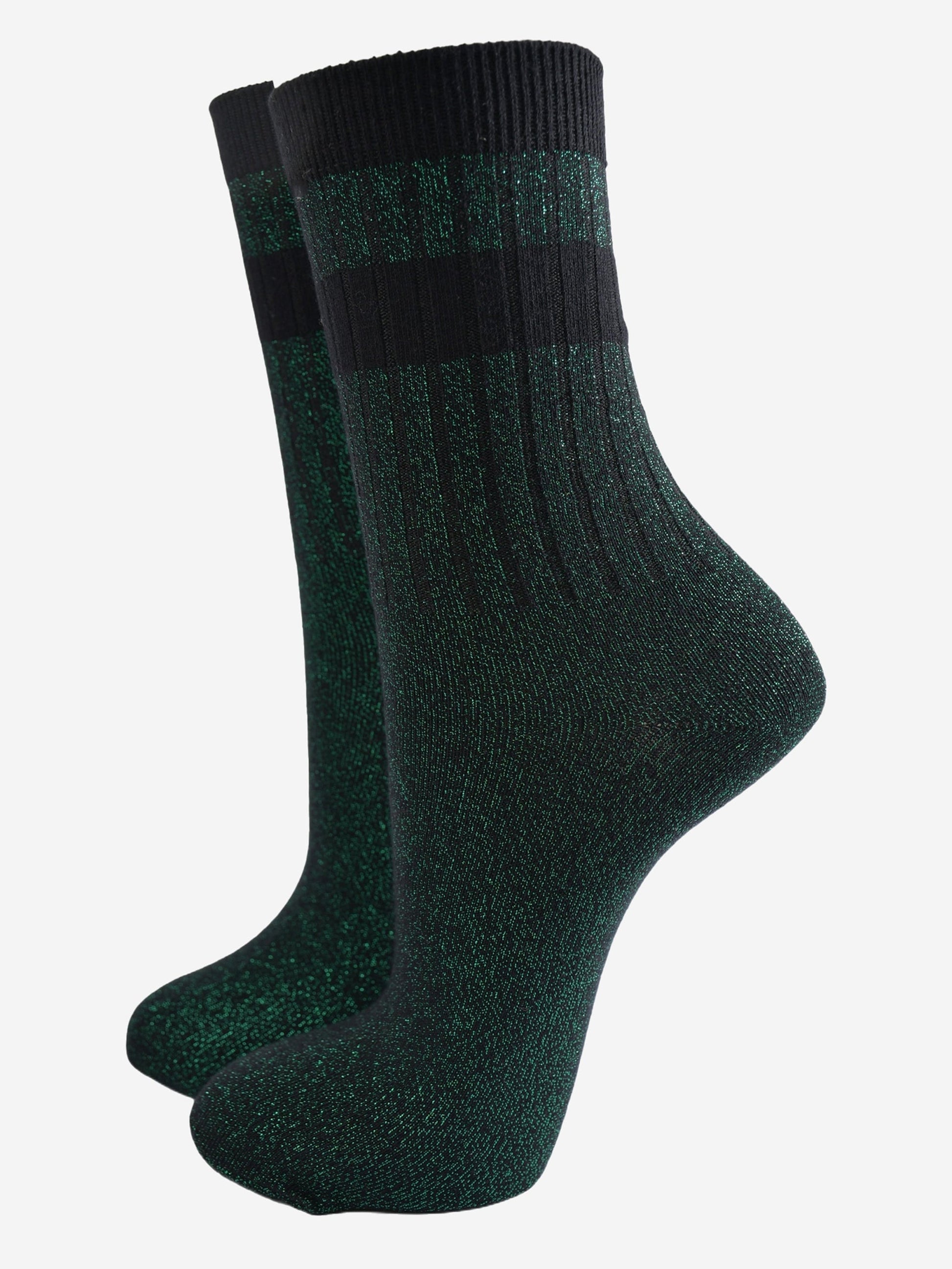 green glitter sparkly ankle socks with ribbed cuffs and two sports style horizontal stripes on the cuff