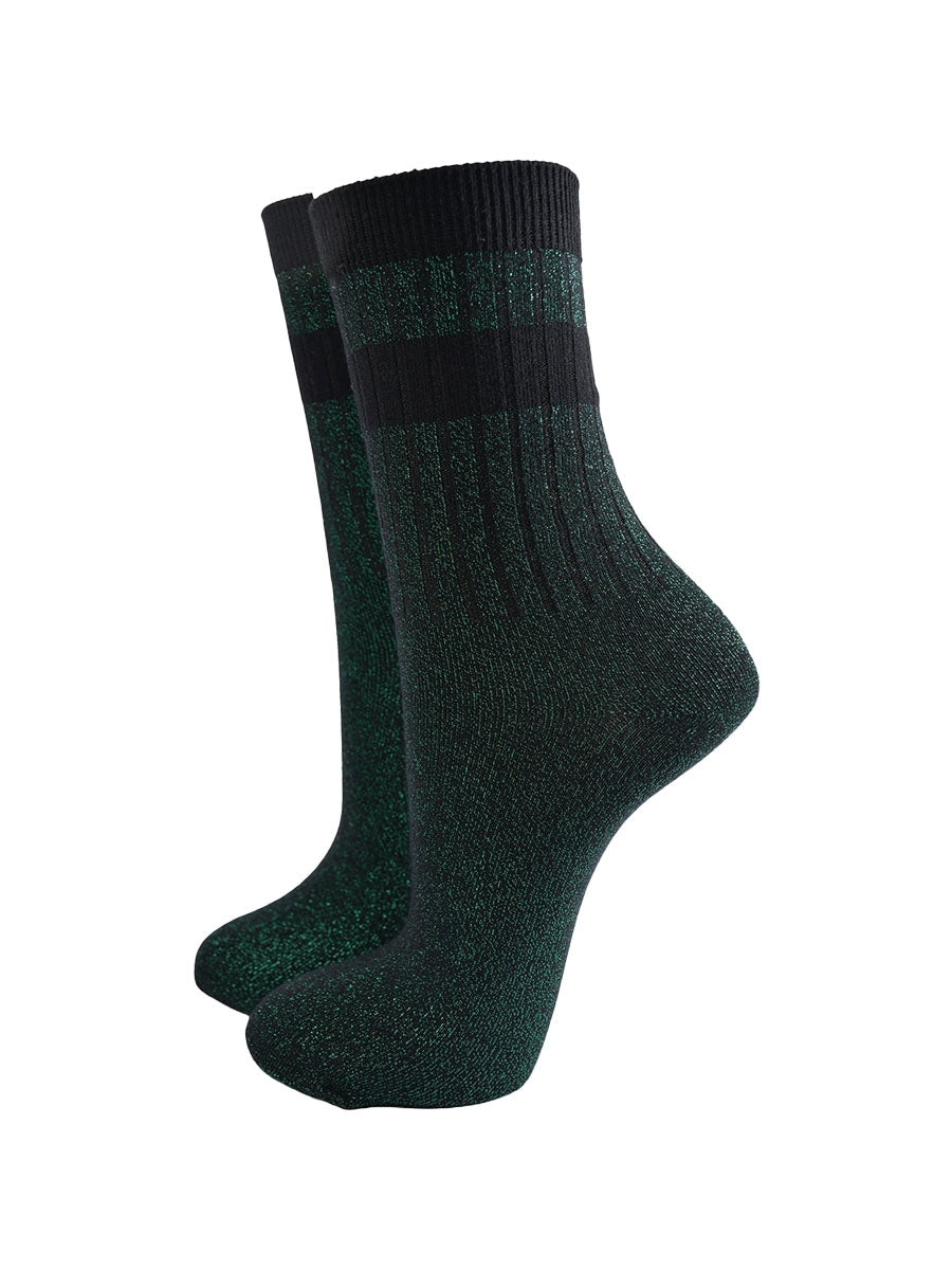 green glitter sparkly ankle socks with ribbed cuffs and two sports style horizontal stripes on the cuff