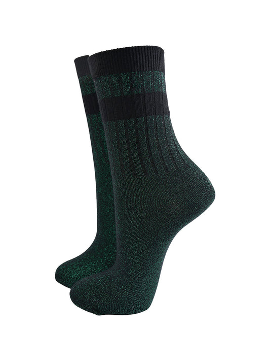 green glitter sparkly ankle socks with ribbed cuffs and two sports style horizontal stripes on the cuff