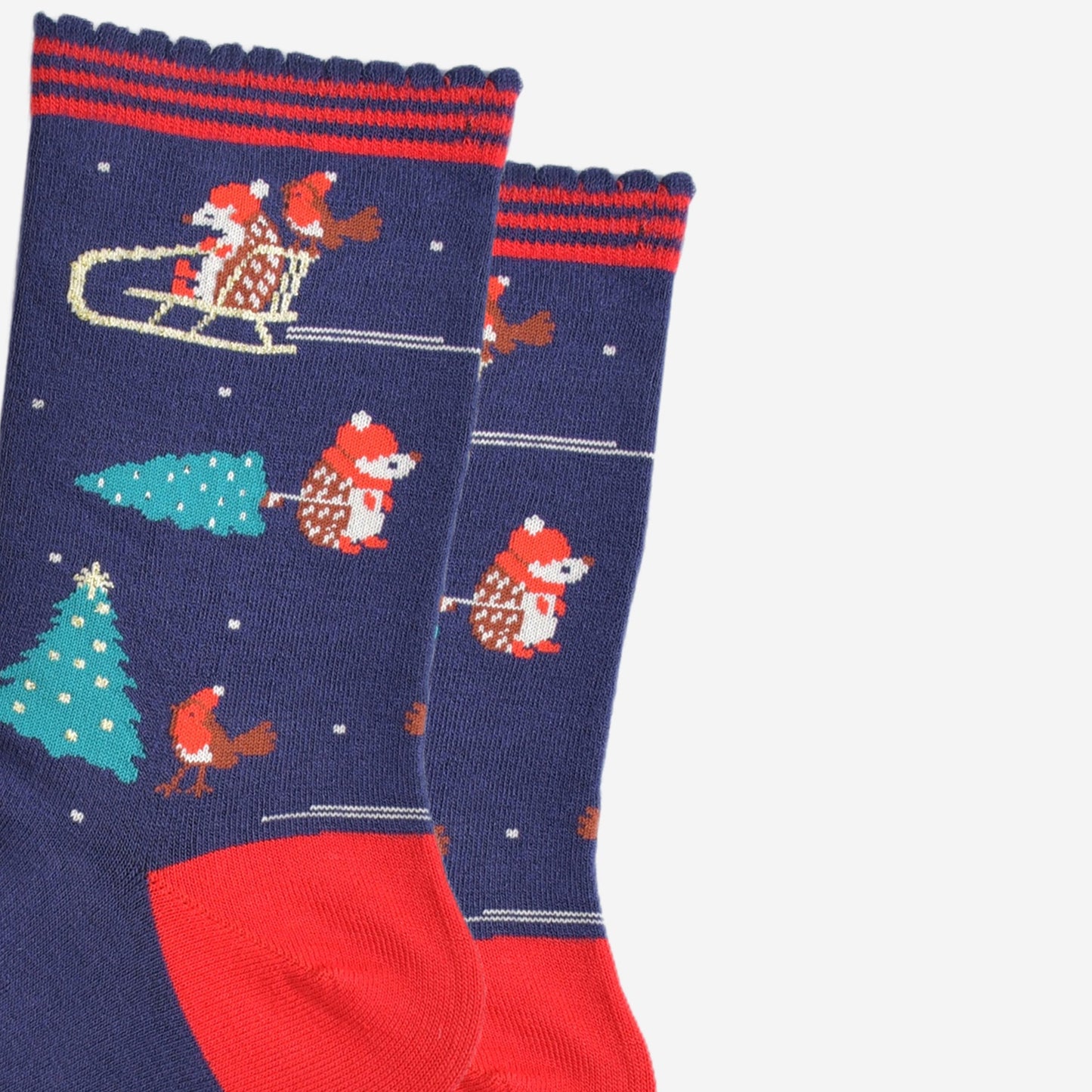 close up of the hedgehog and robin bird design on the socks, there is a hedgehog and robin on a sledge and a hedgehog pulling a xmas tree