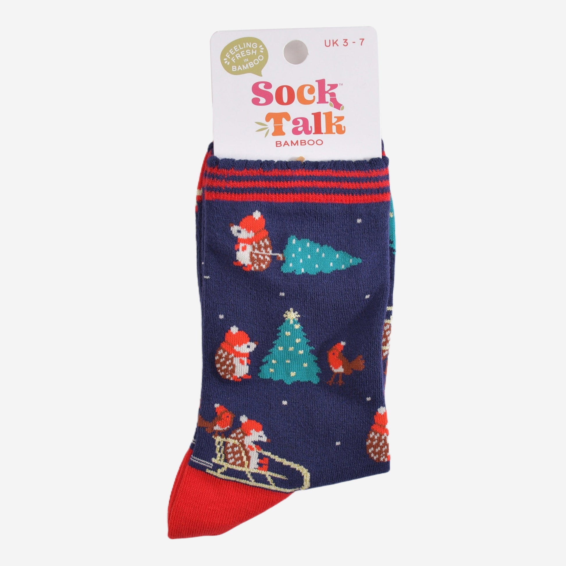 christmas hedgehog bamboo socks in their sock talk packaging, these socks are a uk size 3-7
