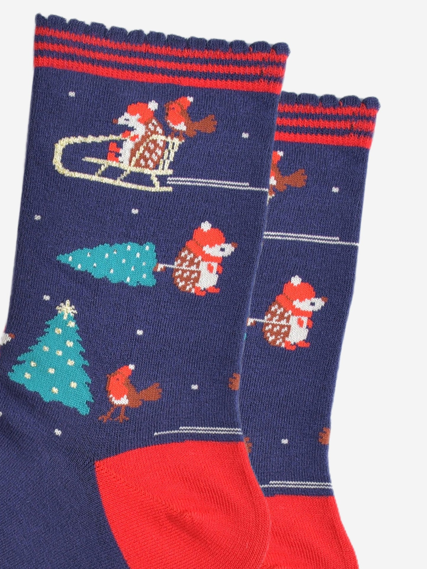 close up of the hedgehog and robin bird design on the socks, there is a hedgehog and robin on a sledge and a hedgehog pulling a xmas tree