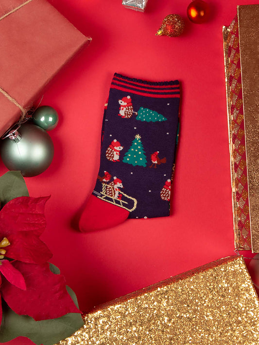 Christmas Hedgehog Bamboo Socks in Navy Blue