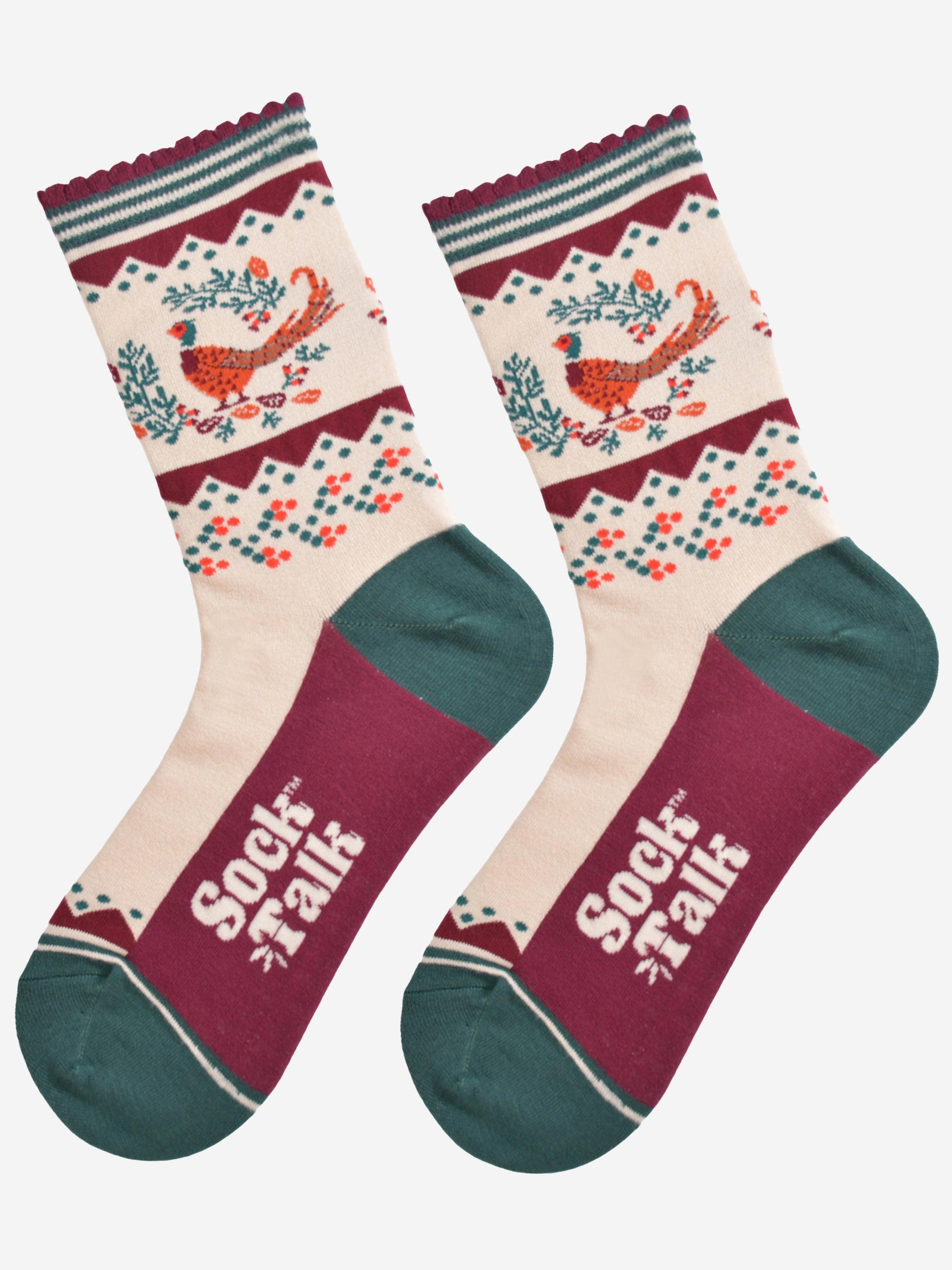 cream, green and burgundy bamboo socks laying flat showing the colourful woodland pheasant and autumn foliage design on the ankle of the socks