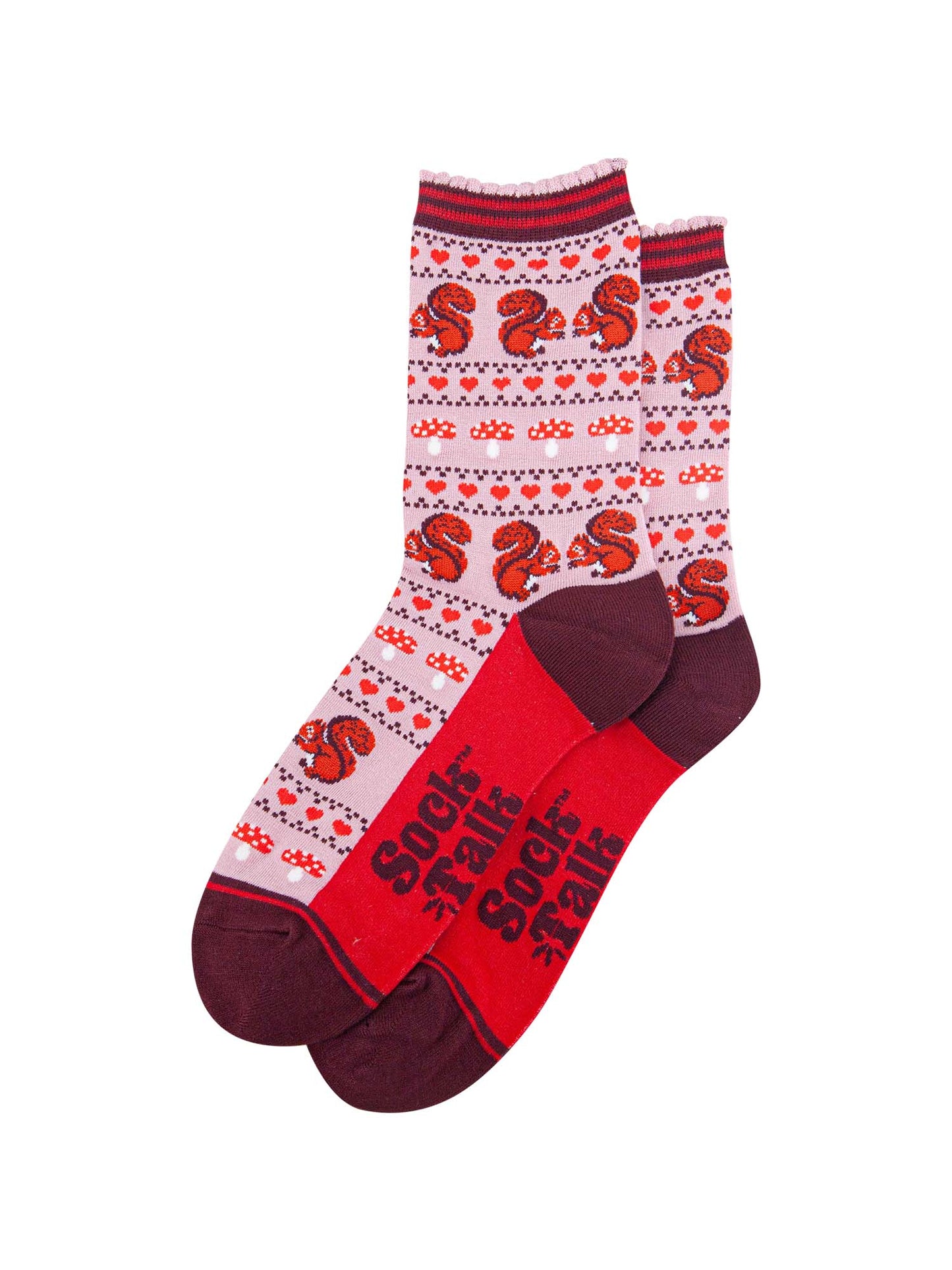 squirrel fair isle pattern socks laying flat, showing the all over pattern featuring red squirrels, toad stools and red love hearts