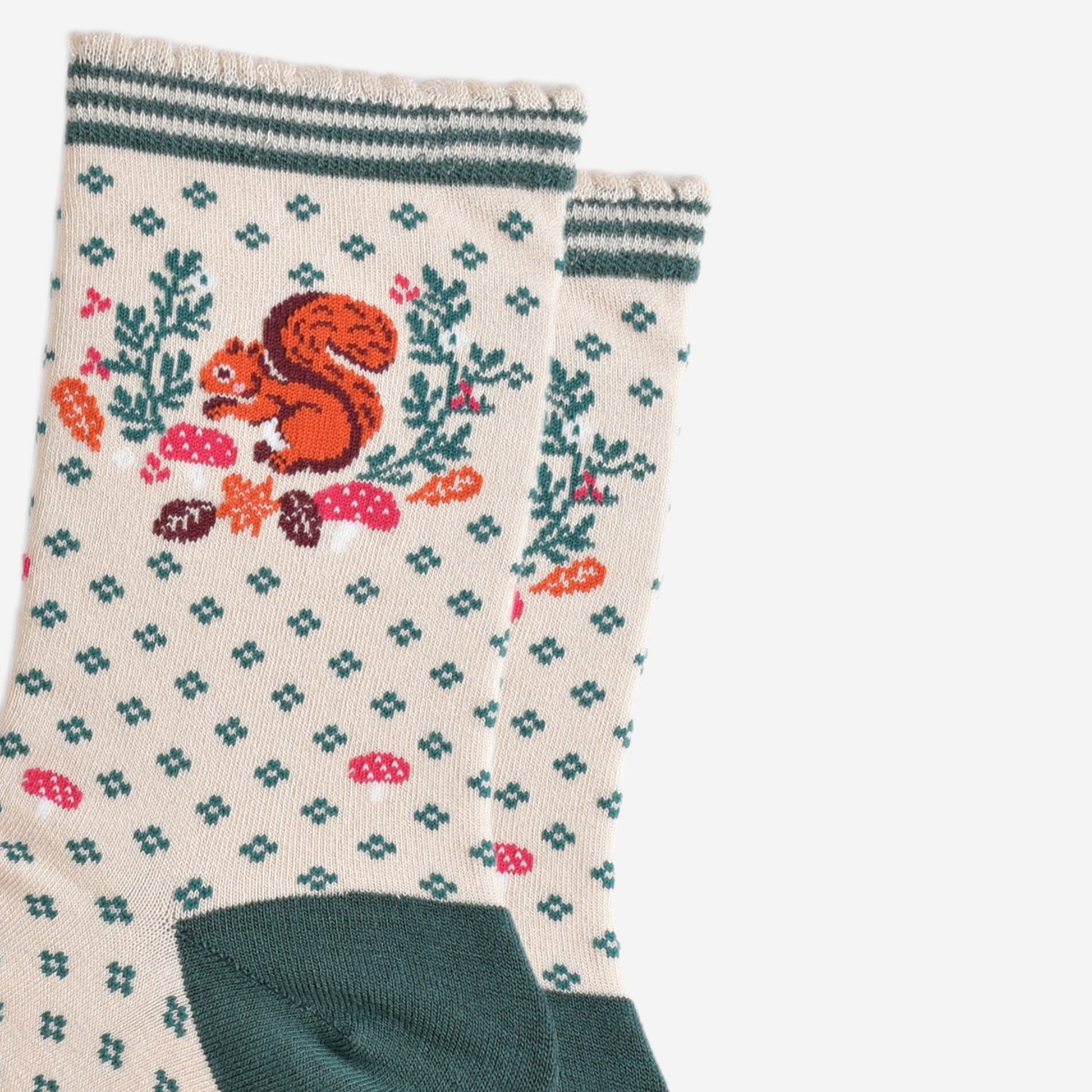 close up of the red squirrel and autumn foliage design on the ankle of the socks, the squirrel is holding an acorn and posed like it is foraging, it is surrounded by autumn leaves and pink toadstools