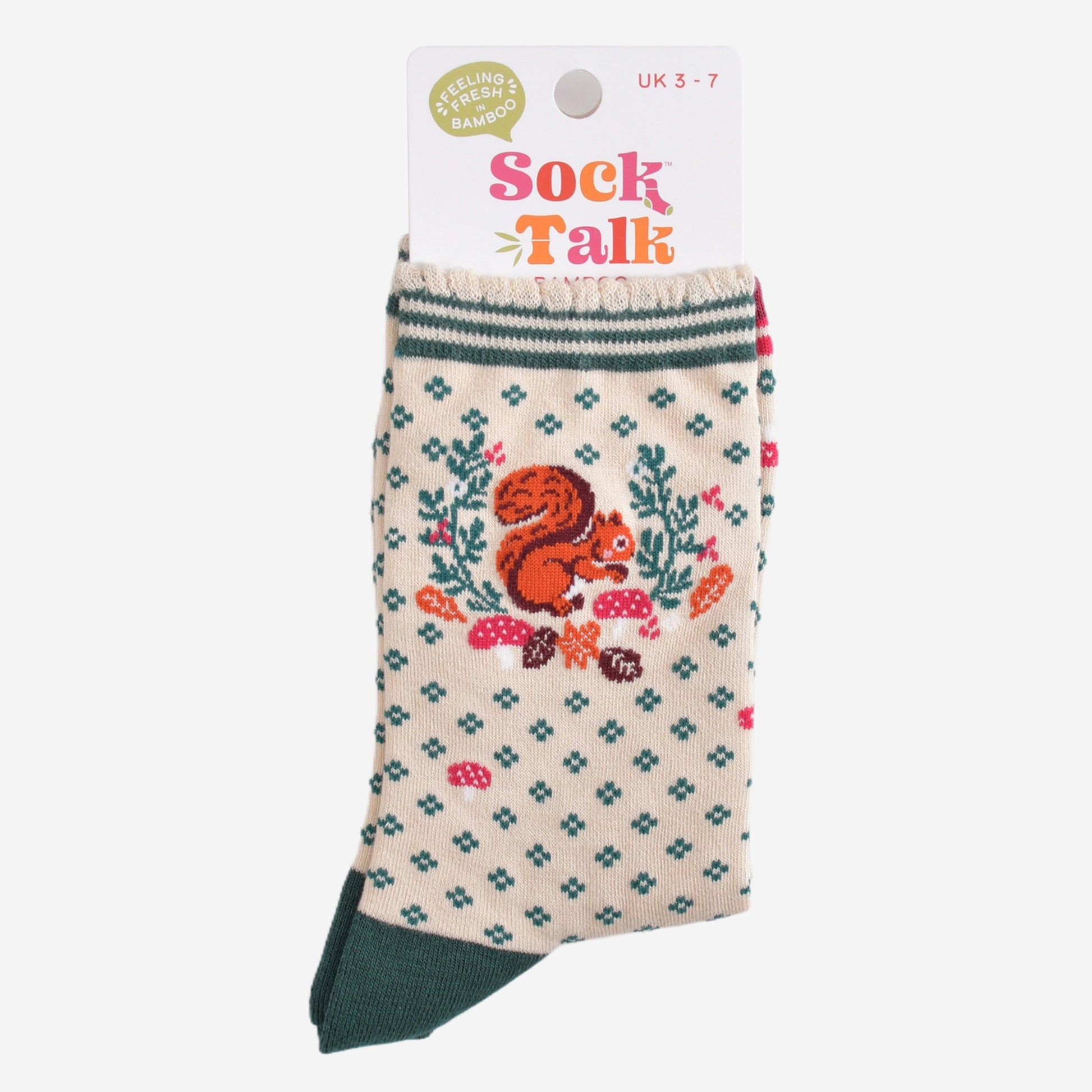 squirrel and autumn wreath bamboo socks in their sock talk packaging, these socks are a uk size 3-7