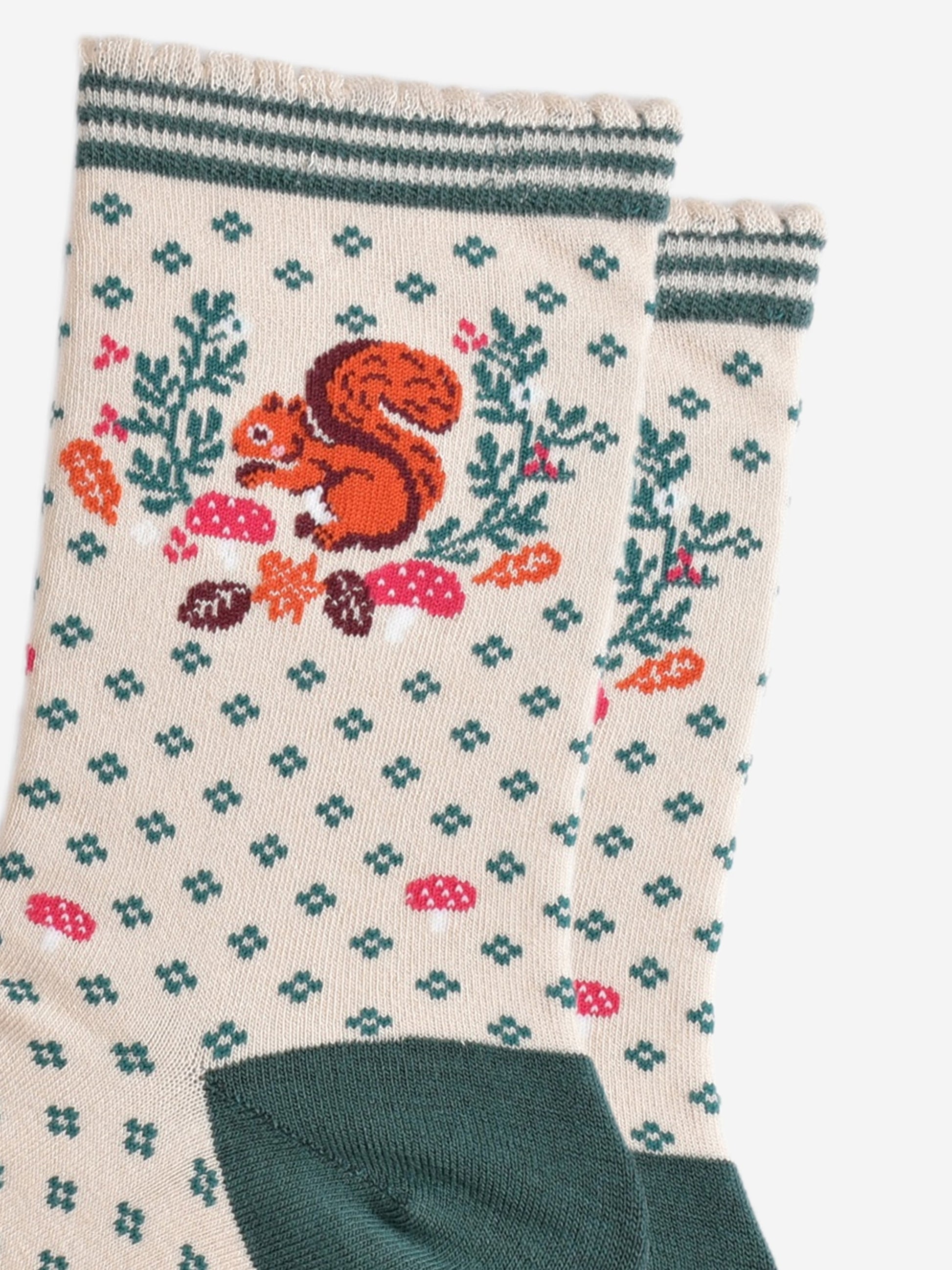 close up of the red squirrel and autumn foliage design on the ankle of the socks, the squirrel is holding an acorn and posed like it is foraging, it is surrounded by autumn leaves and pink toadstools