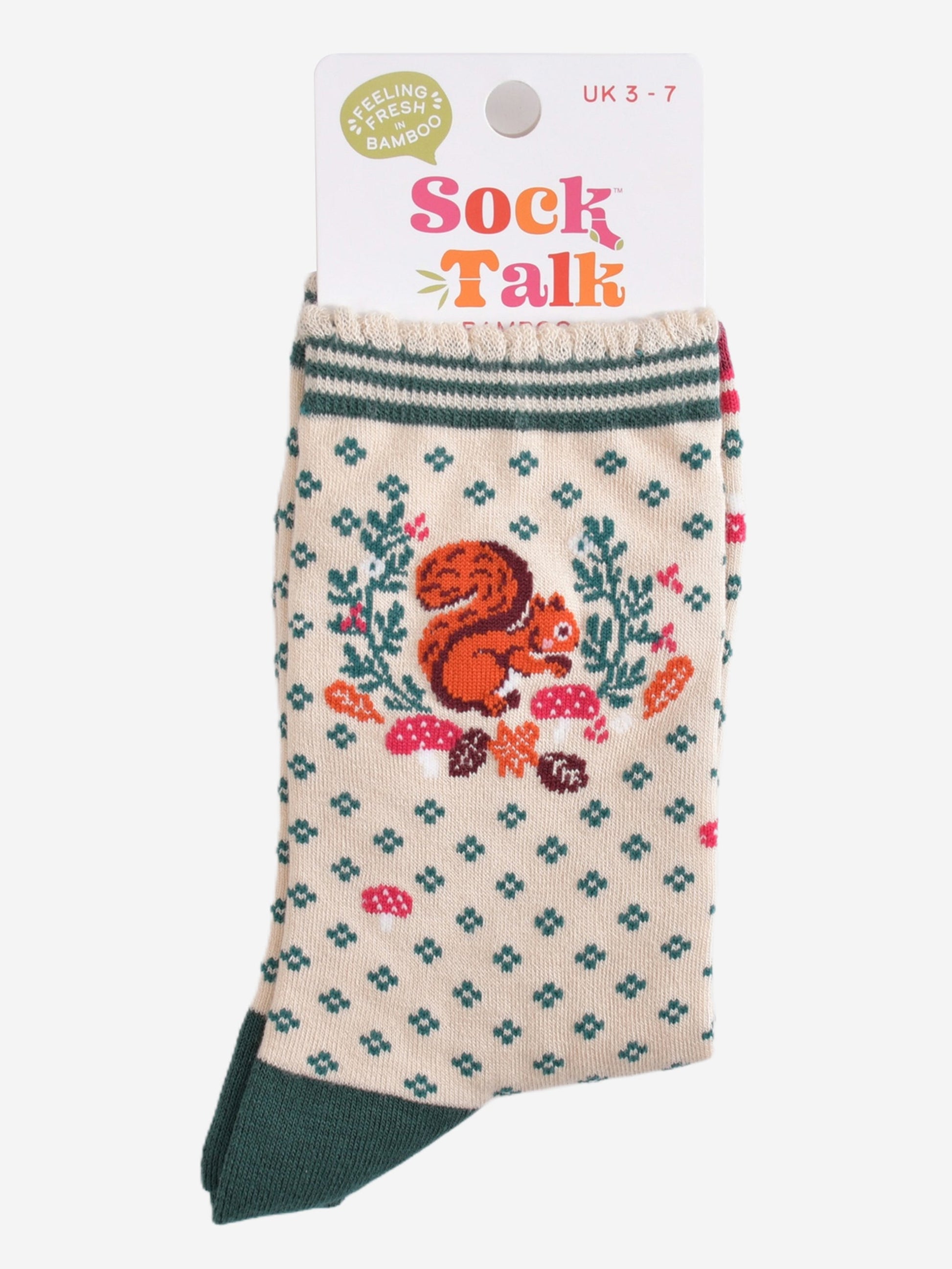 squirrel and autumn wreath bamboo socks in their sock talk packaging, these socks are a uk size 3-7