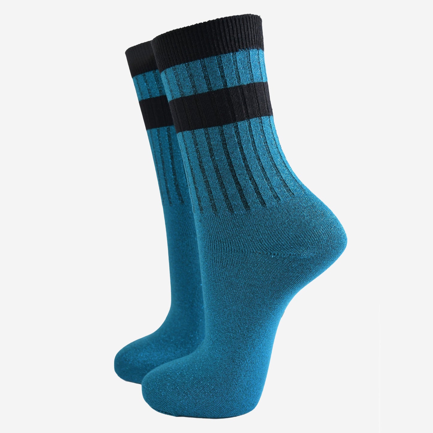 ribbed cotton teal blue glitter socks with a black double striped cuff