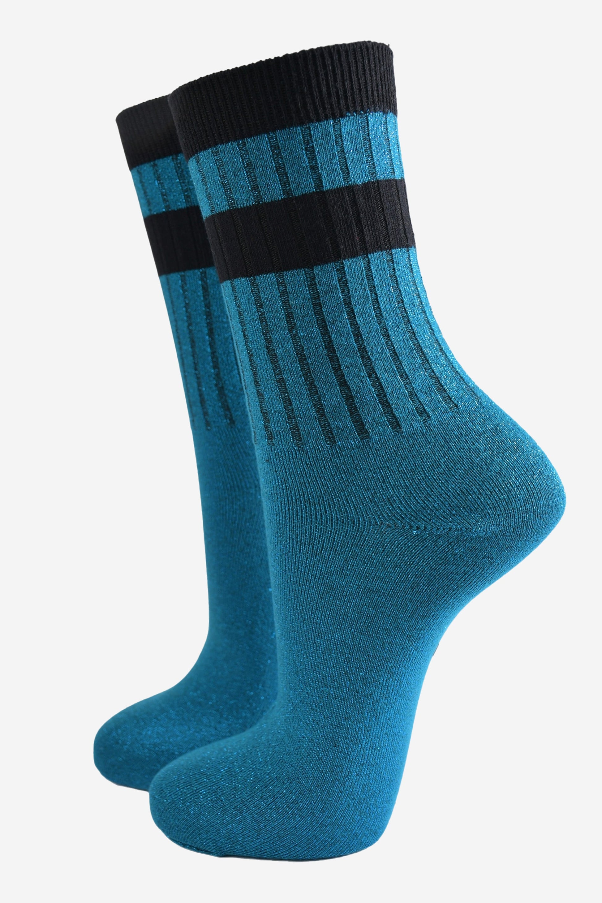 ribbed cotton teal blue glitter socks with a black double striped cuff