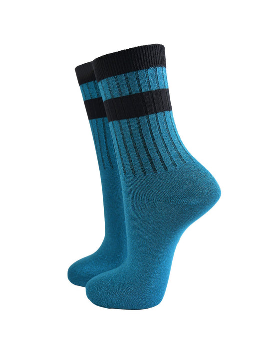 ribbed cotton teal blue glitter socks with a black double striped cuff