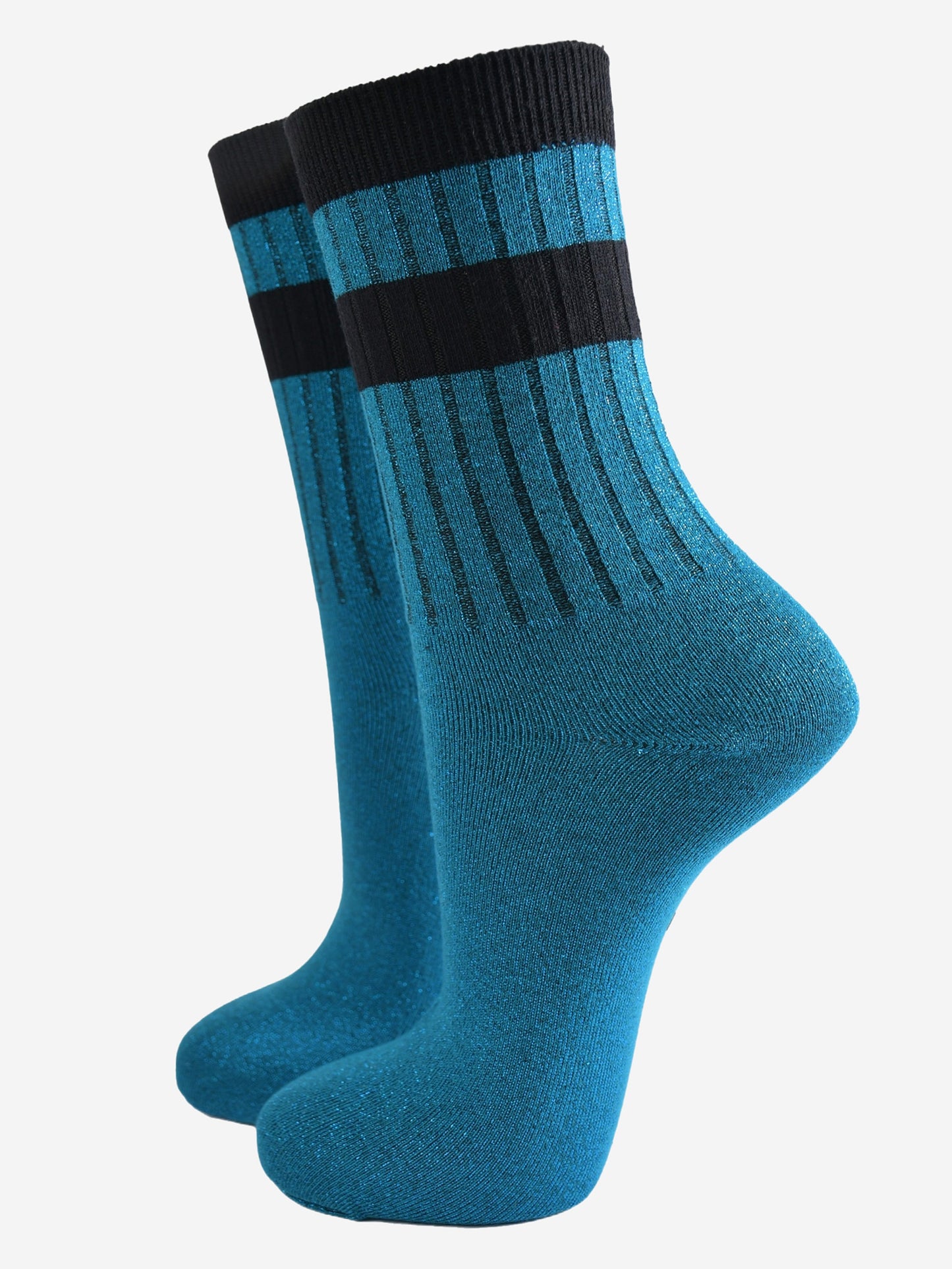 ribbed cotton teal blue glitter socks with a black double striped cuff