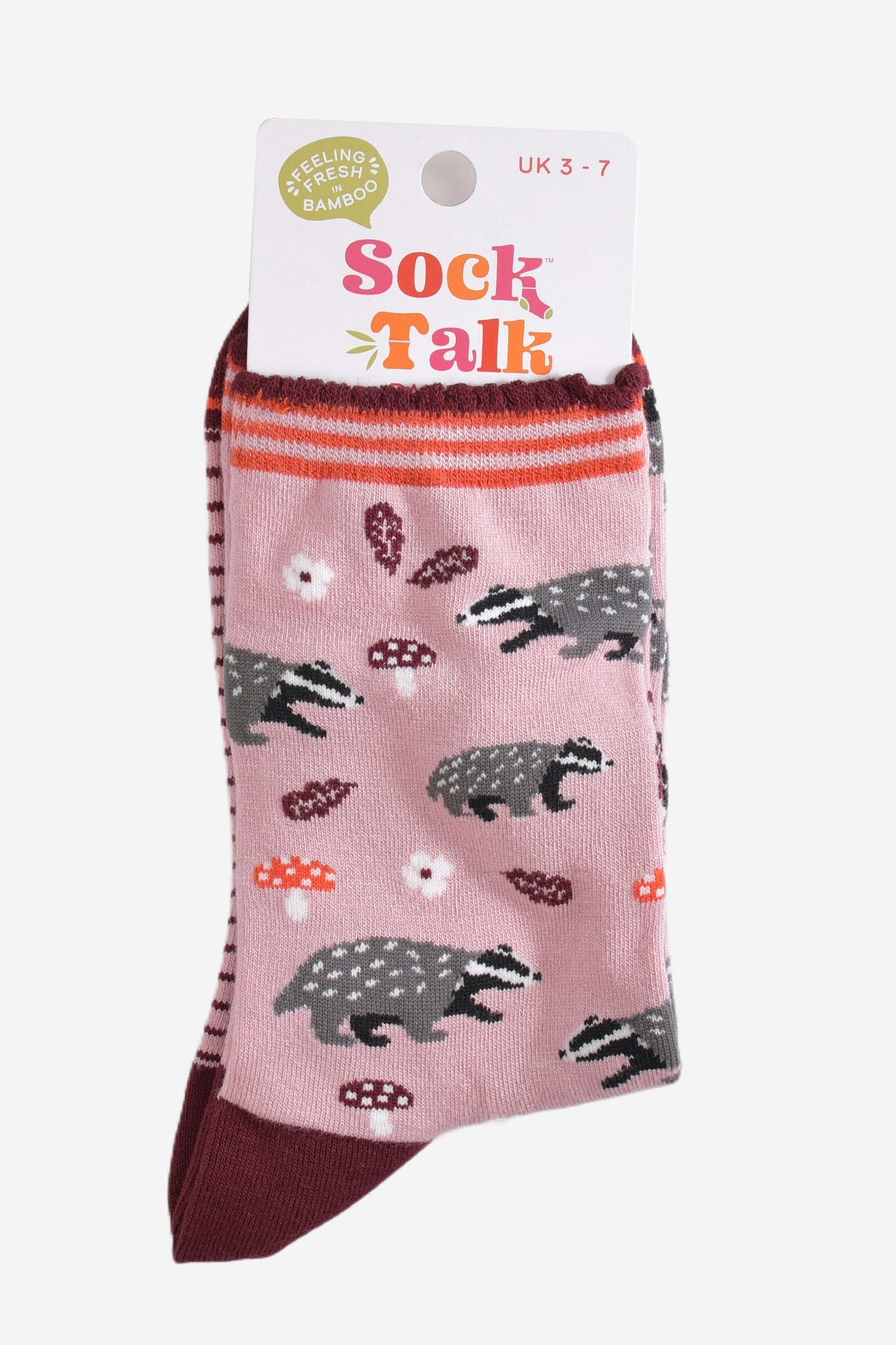 pink woodland badger bamboo socks in their sock talk packaging, the socks are a uk size 3-7