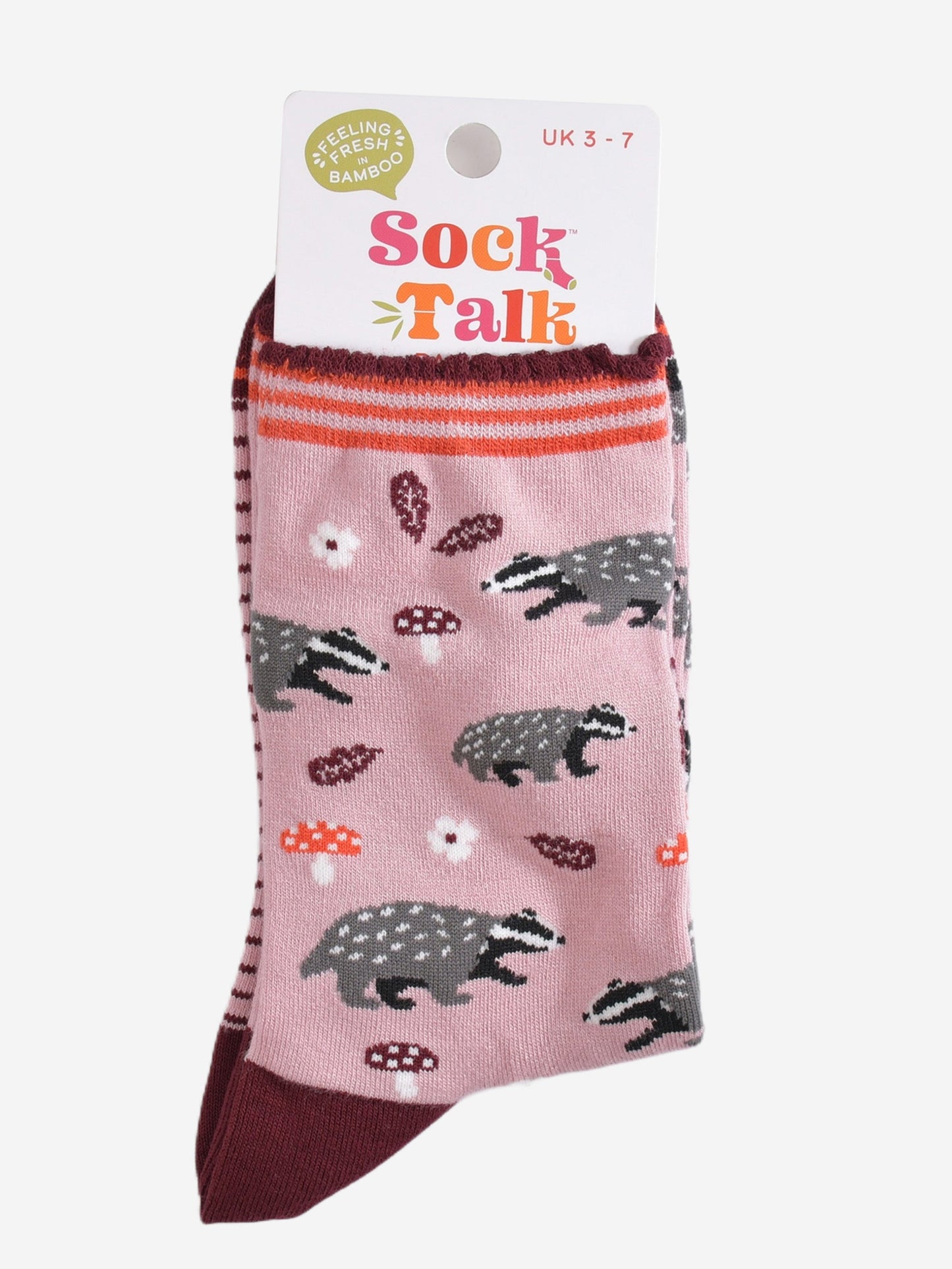 pink woodland badger bamboo socks in their sock talk packaging, the socks are a uk size 3-7