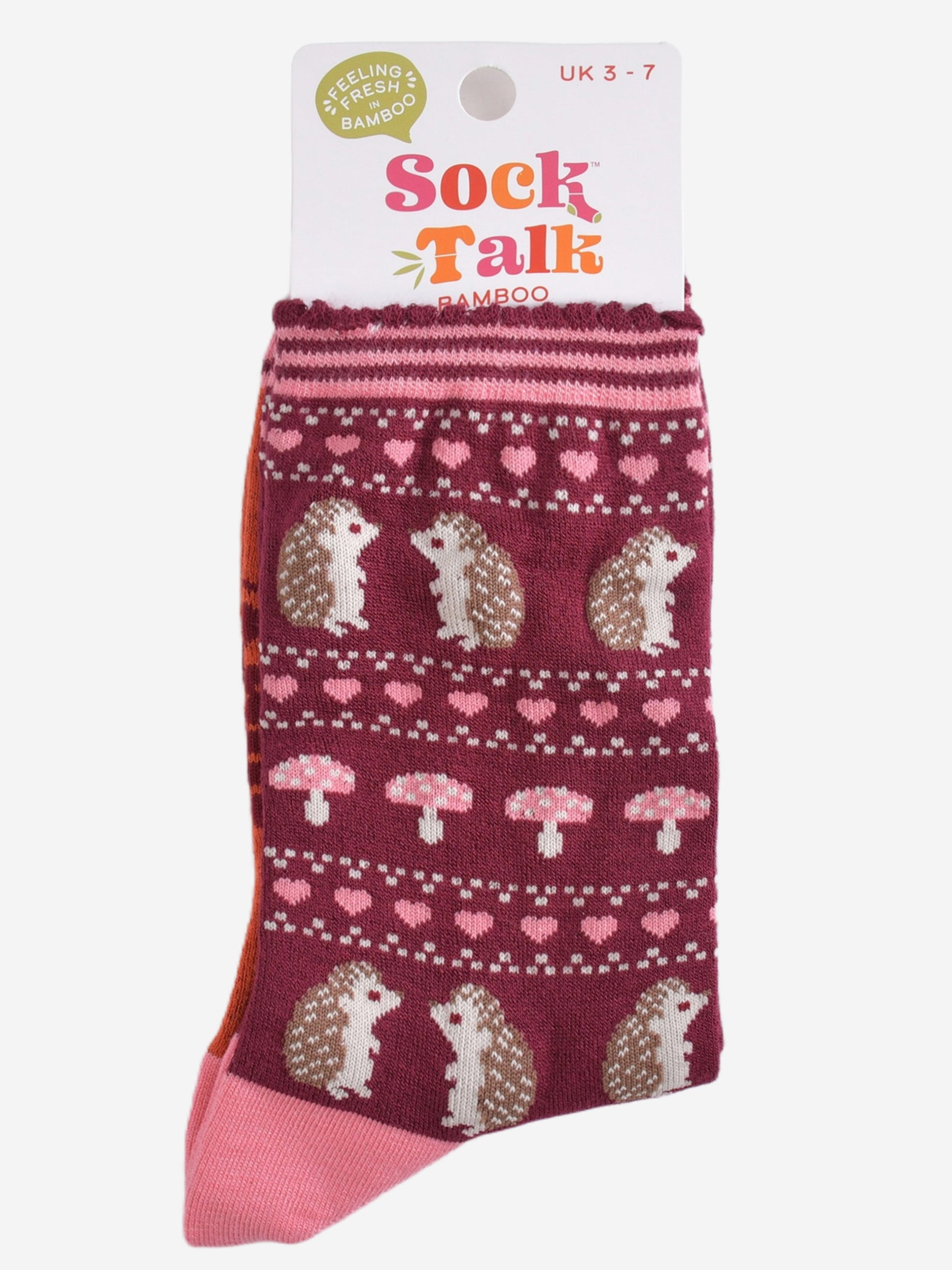 hedgehog fair isle bamboo socks in their sock talk packaging, these socks are a uk size 3-7