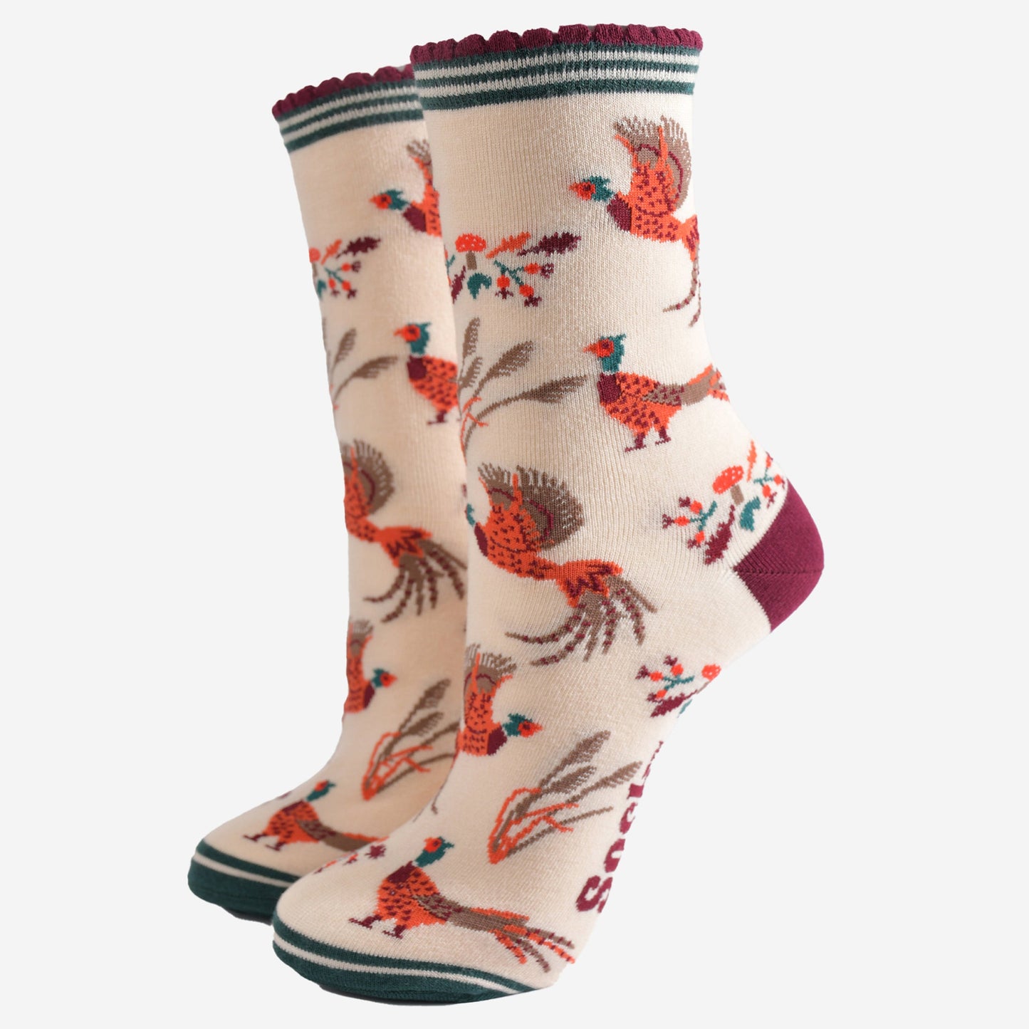 cream ankle socks with a pattern of woodland pheasants and autumnal foliage and toadstools