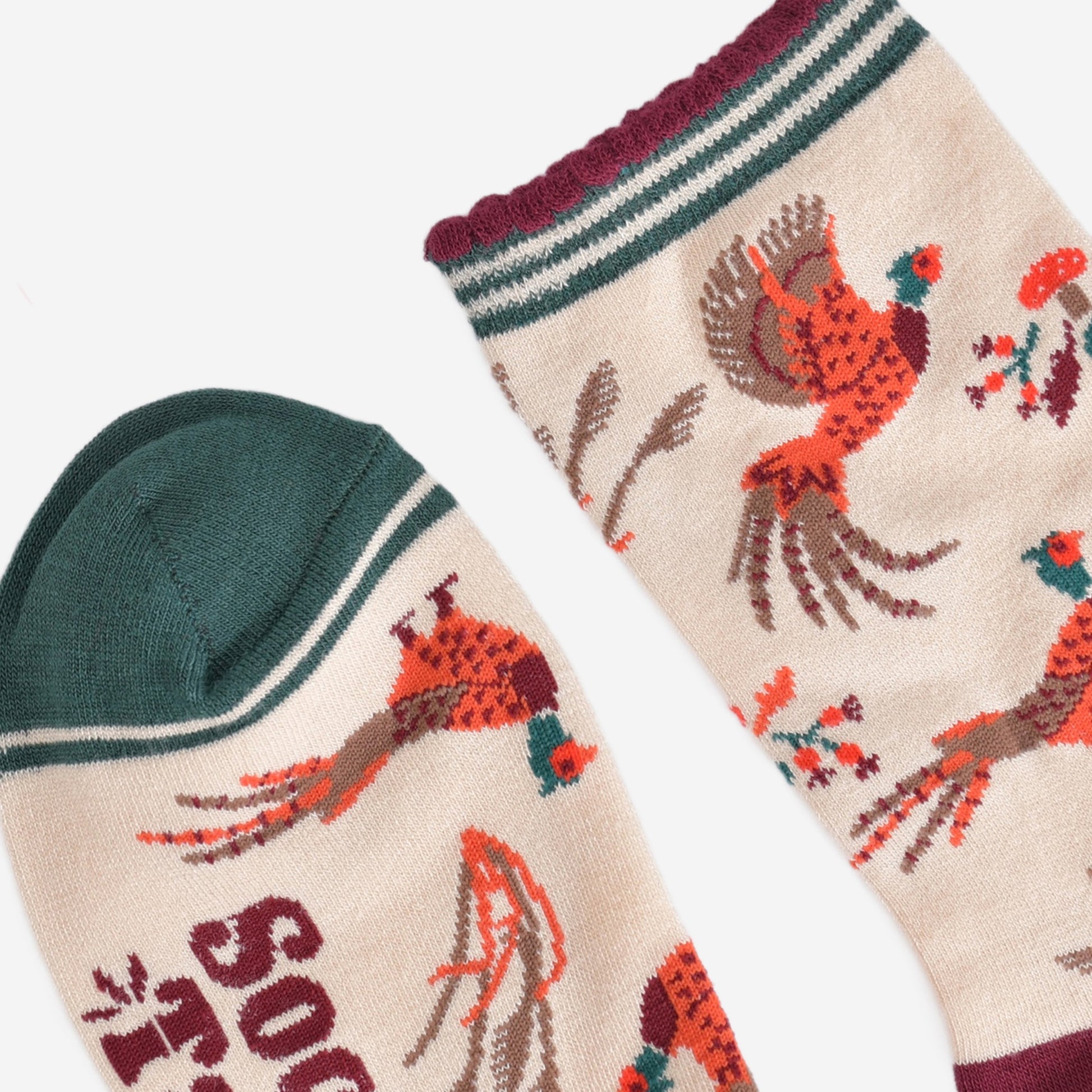 close up of the toe and cuff, the toe is green and the cuff is scalloped with burgundy and green stripes