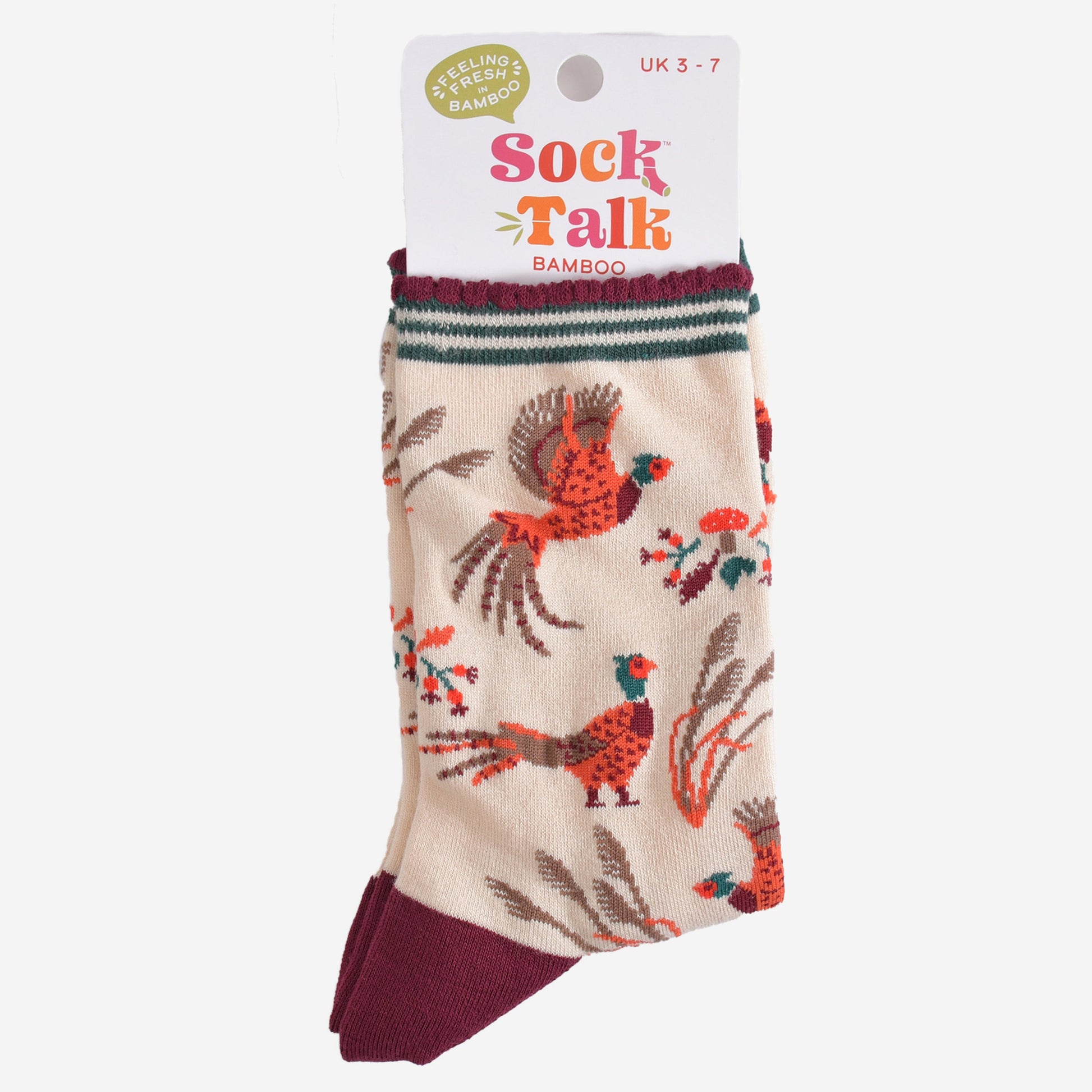 woodland pheasant bamboo socks in their sock talk packaging, these socks are a uk size 3-7