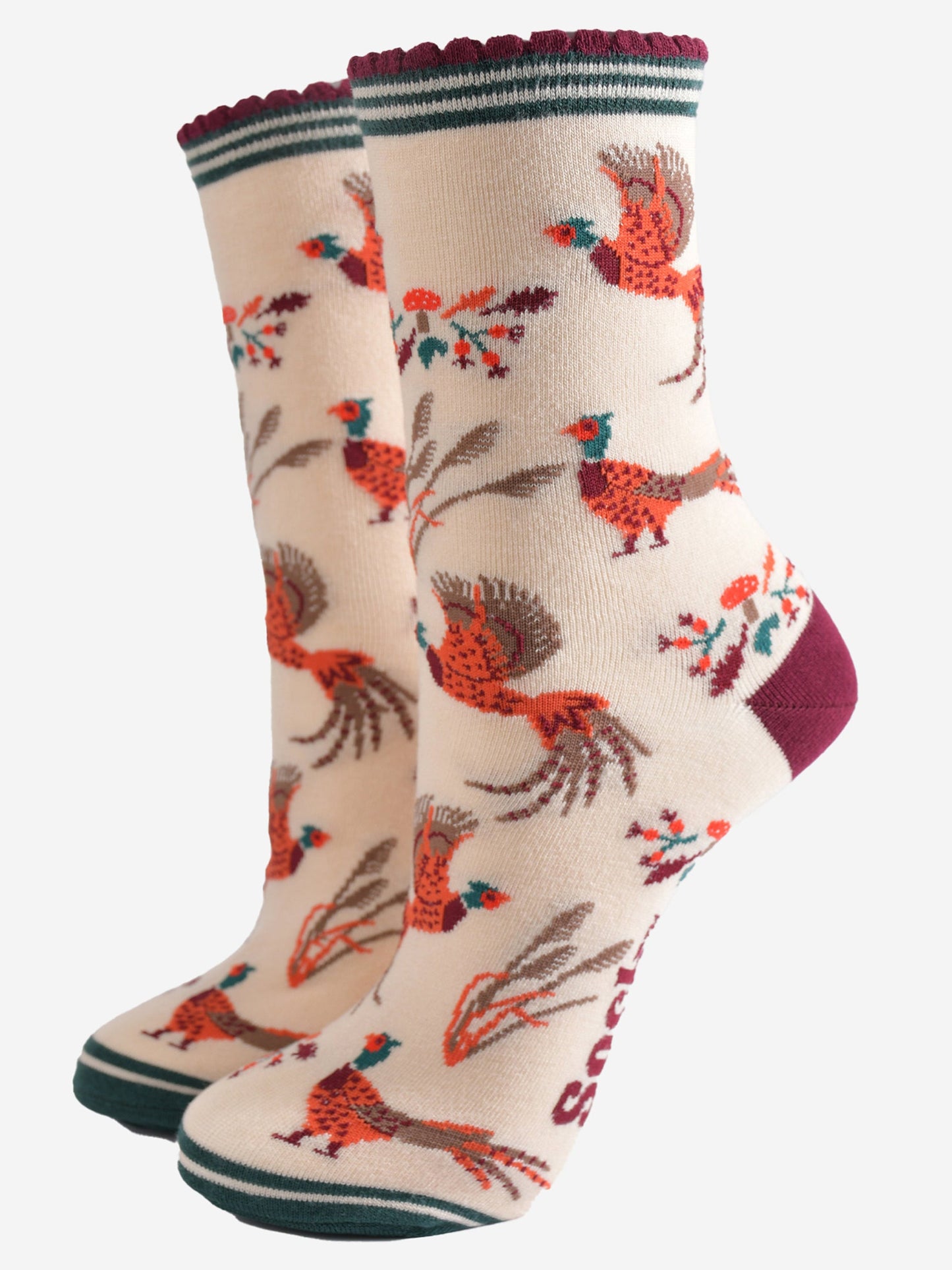 cream ankle socks with a pattern of woodland pheasants and autumnal foliage and toadstools