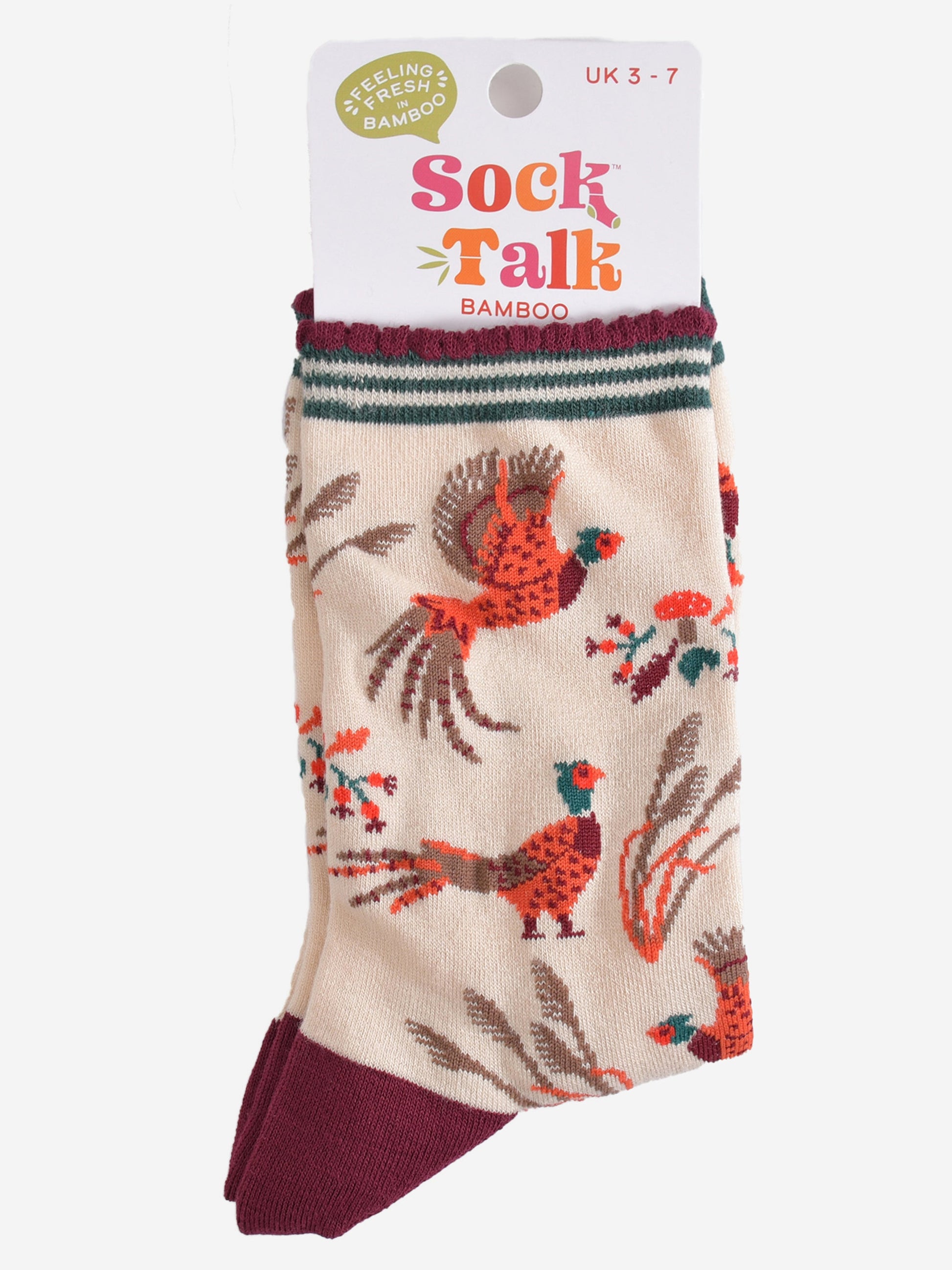 woodland pheasant bamboo socks in their sock talk packaging, these socks are a uk size 3-7