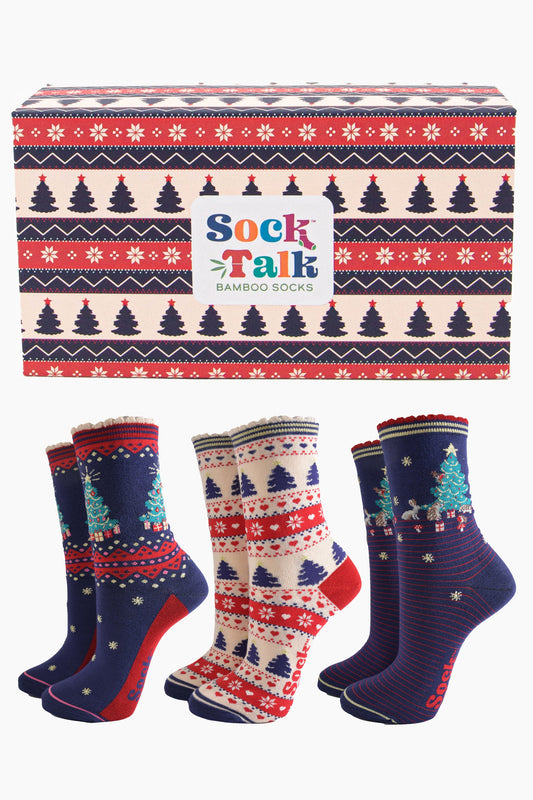 Women's Bamboo Socks Gift Box - Navy Blue/Cream, Christmas Trees