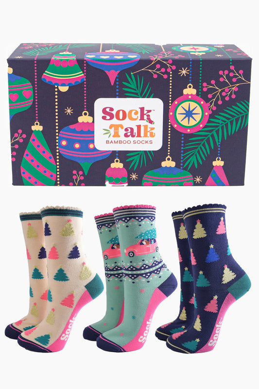 Womens Bamboo Sock Giftset - Navy Blue/Green, Christmas Driving