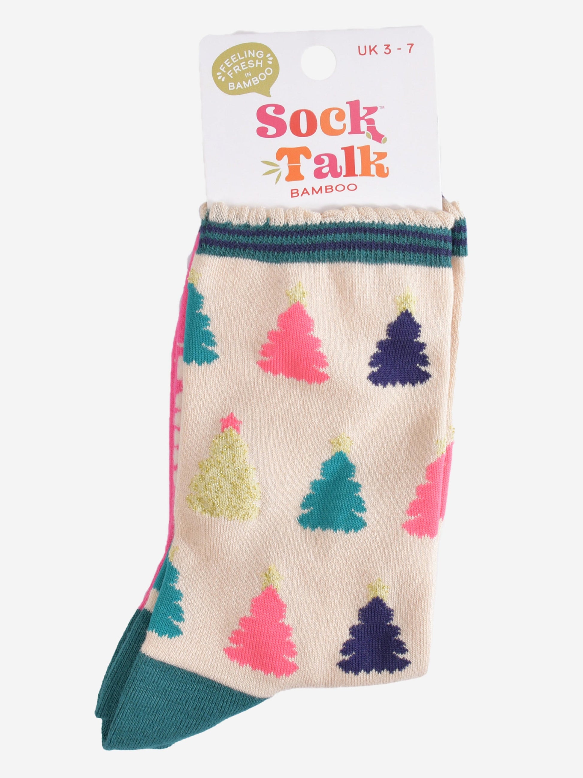 multicoloured christmas tree bamboo socks in their sock talk packaging, these socks are a uk size 3-7