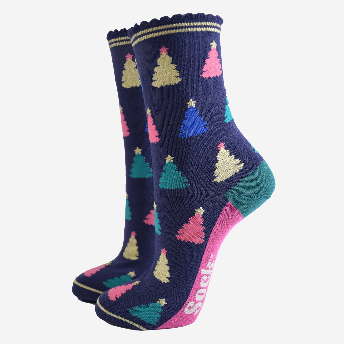 navy blue bamboo socks with a multicoloured christmas tree pattern all over, the trees are pink, gold, green and royal blue