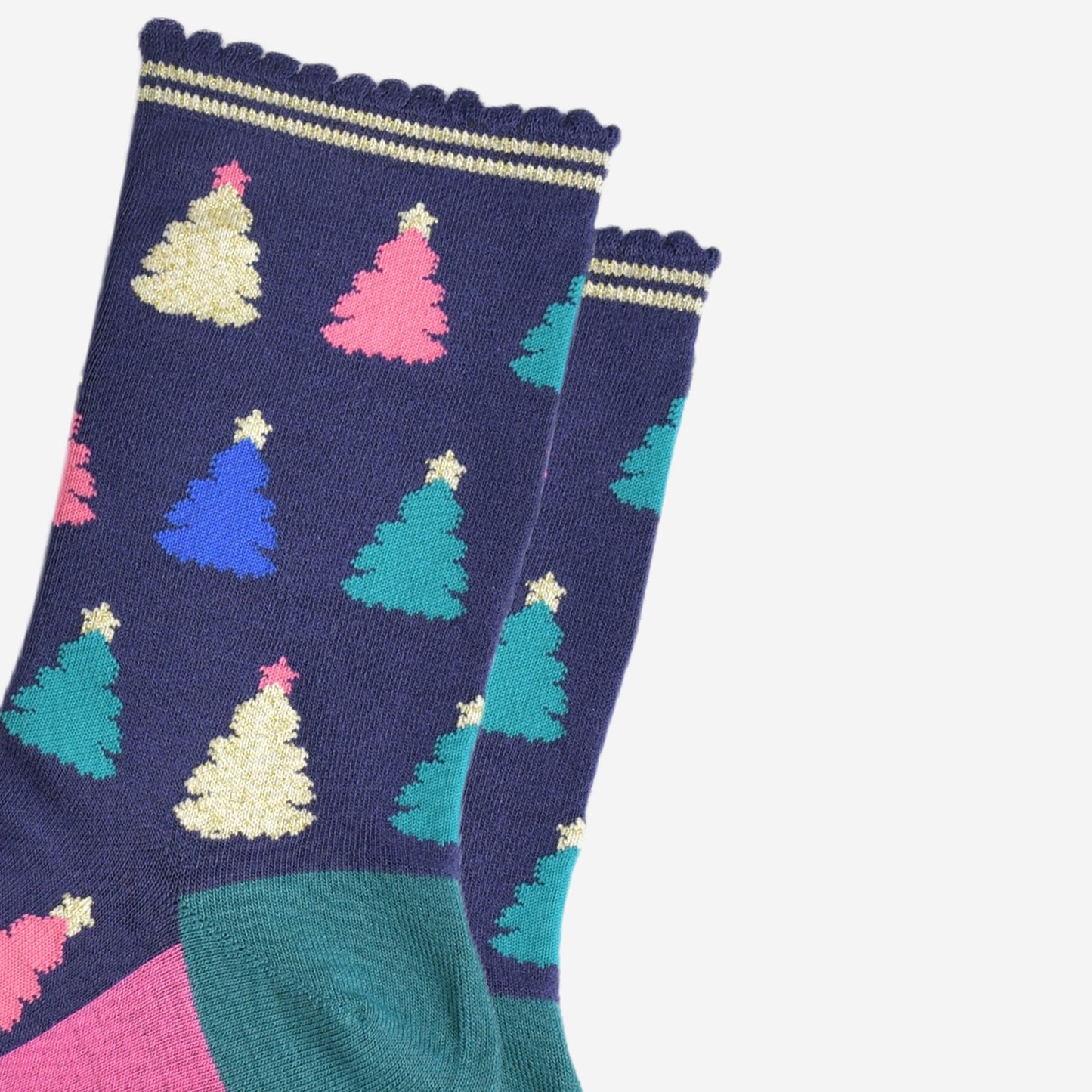 close up of the colourful christmas tree pattern, there are gold, pink, green and blue trees each with stars on the top