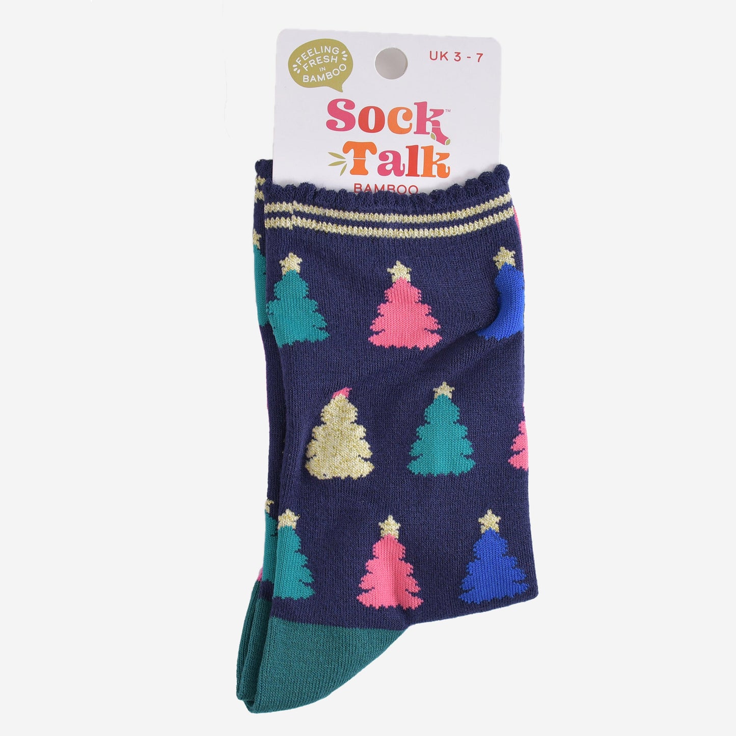 multicoloured christmas tree bamboo socks in their sock talk packaging, these socks are a uk size 3-7