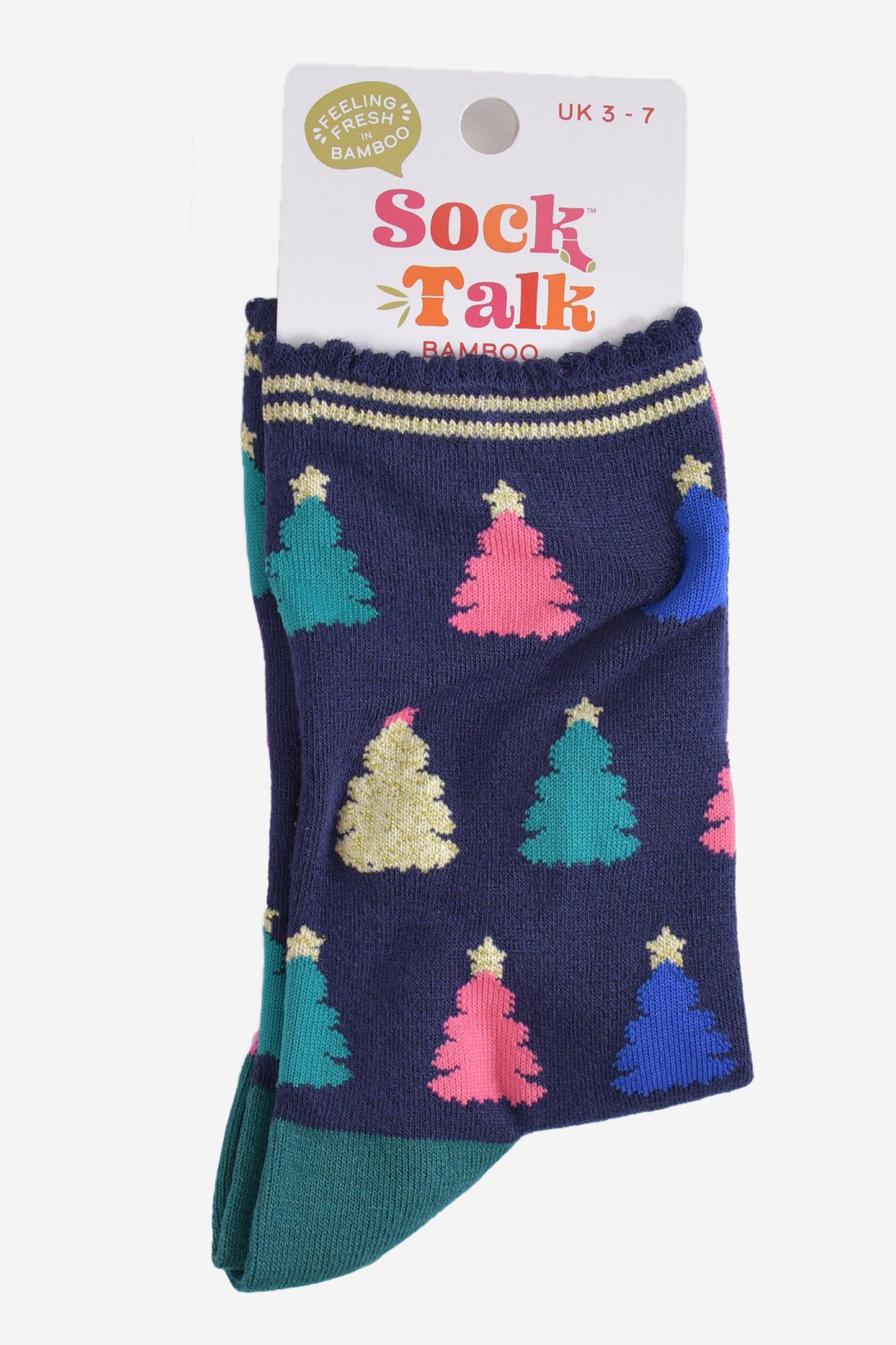 multicoloured christmas tree bamboo socks in their sock talk packaging, these socks are a uk size 3-7