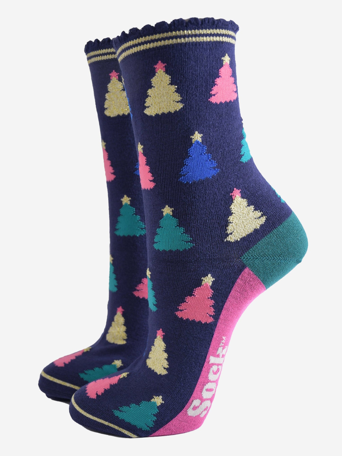 navy blue bamboo socks with a multicoloured christmas tree pattern all over, the trees are pink, gold, green and royal blue