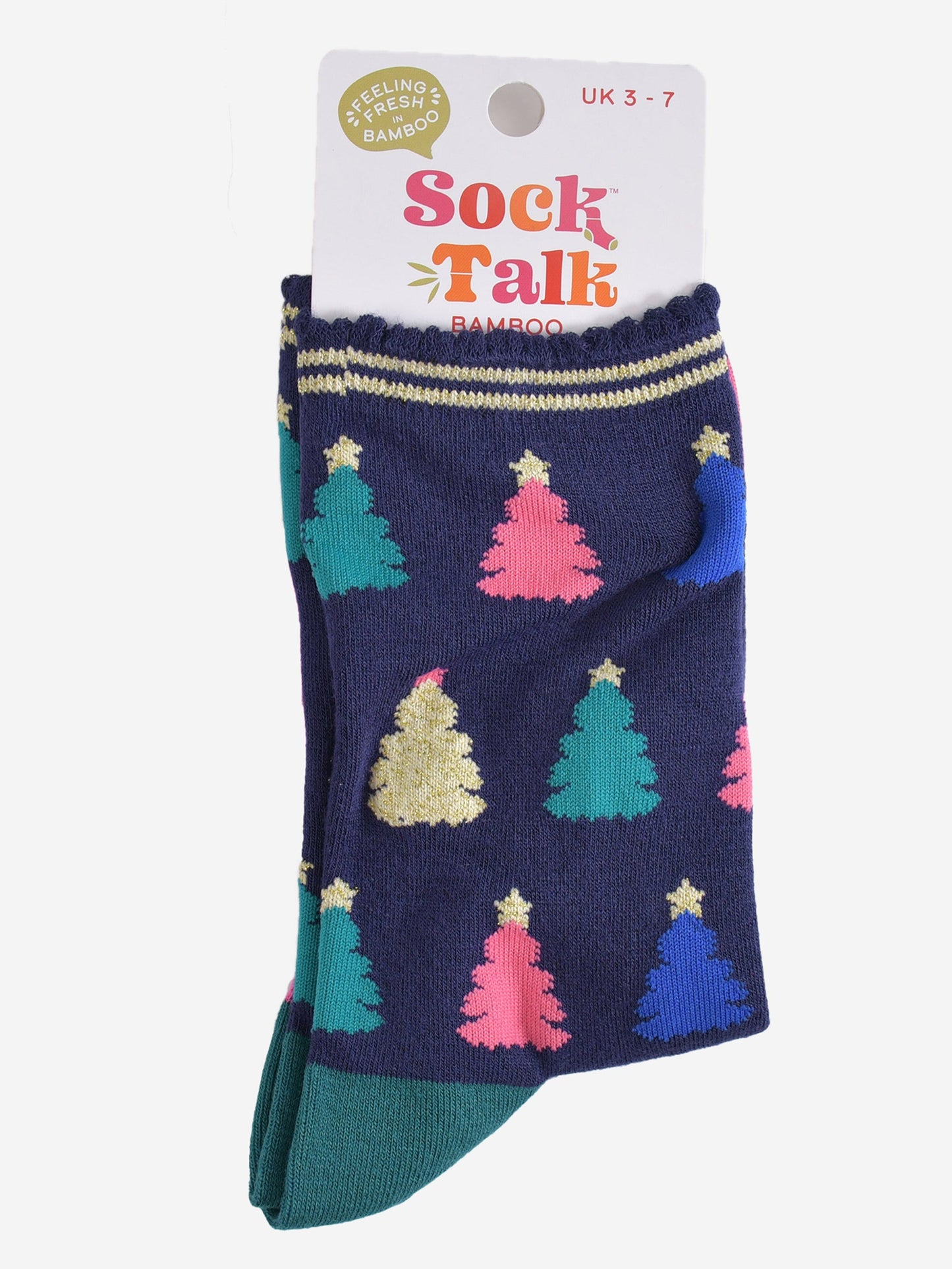 multicoloured christmas tree bamboo socks in their sock talk packaging, these socks are a uk size 3-7