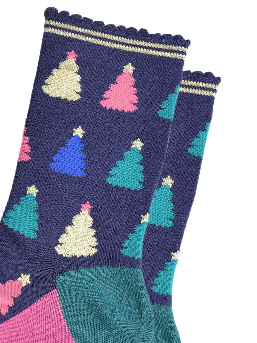 close up of the colourful christmas tree pattern, there are gold, pink, green and blue trees each with stars on the top