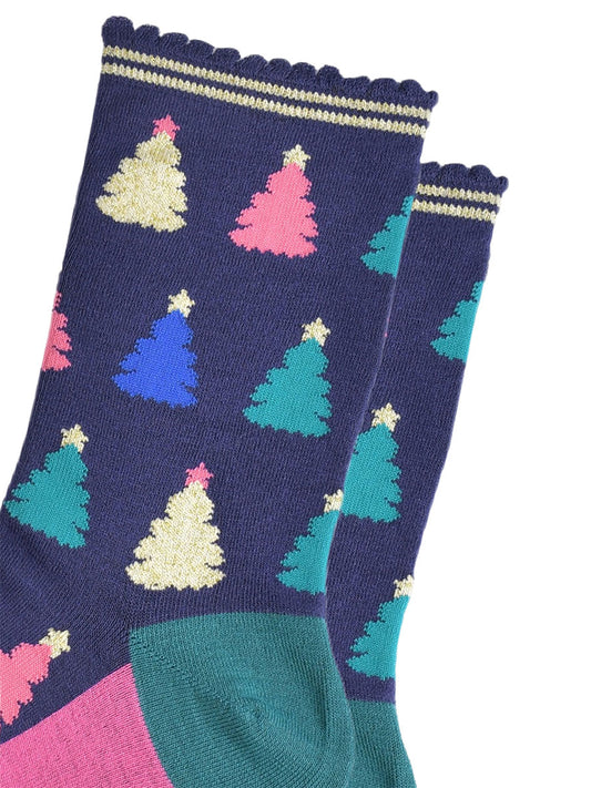 close up of the colourful christmas tree pattern, there are gold, pink, green and blue trees each with stars on the top