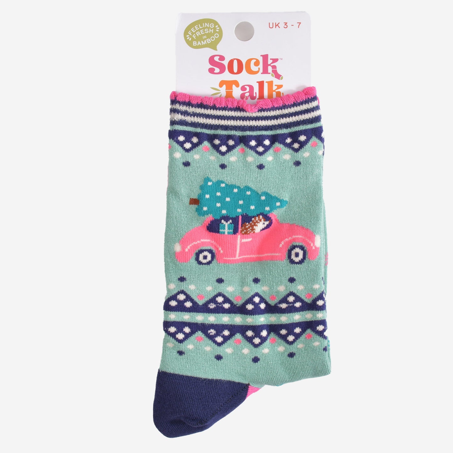 driving hedgehog bamboo socks in their sock talk packaging, these socks are a uk size 3-7