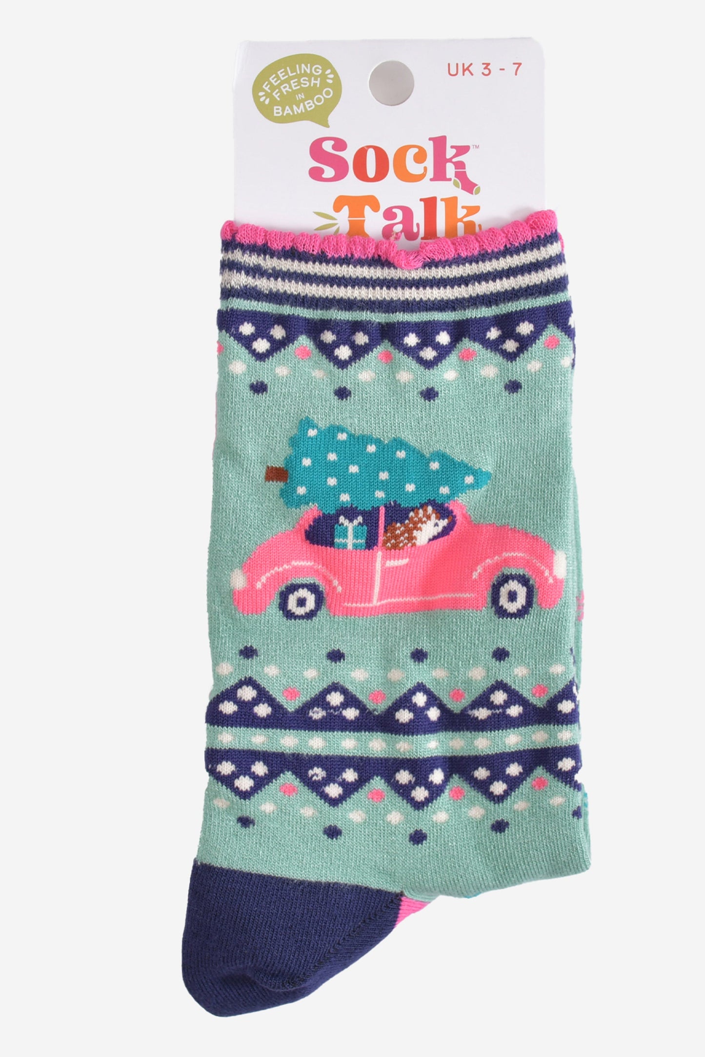 driving hedgehog bamboo socks in their sock talk packaging, these socks are a uk size 3-7