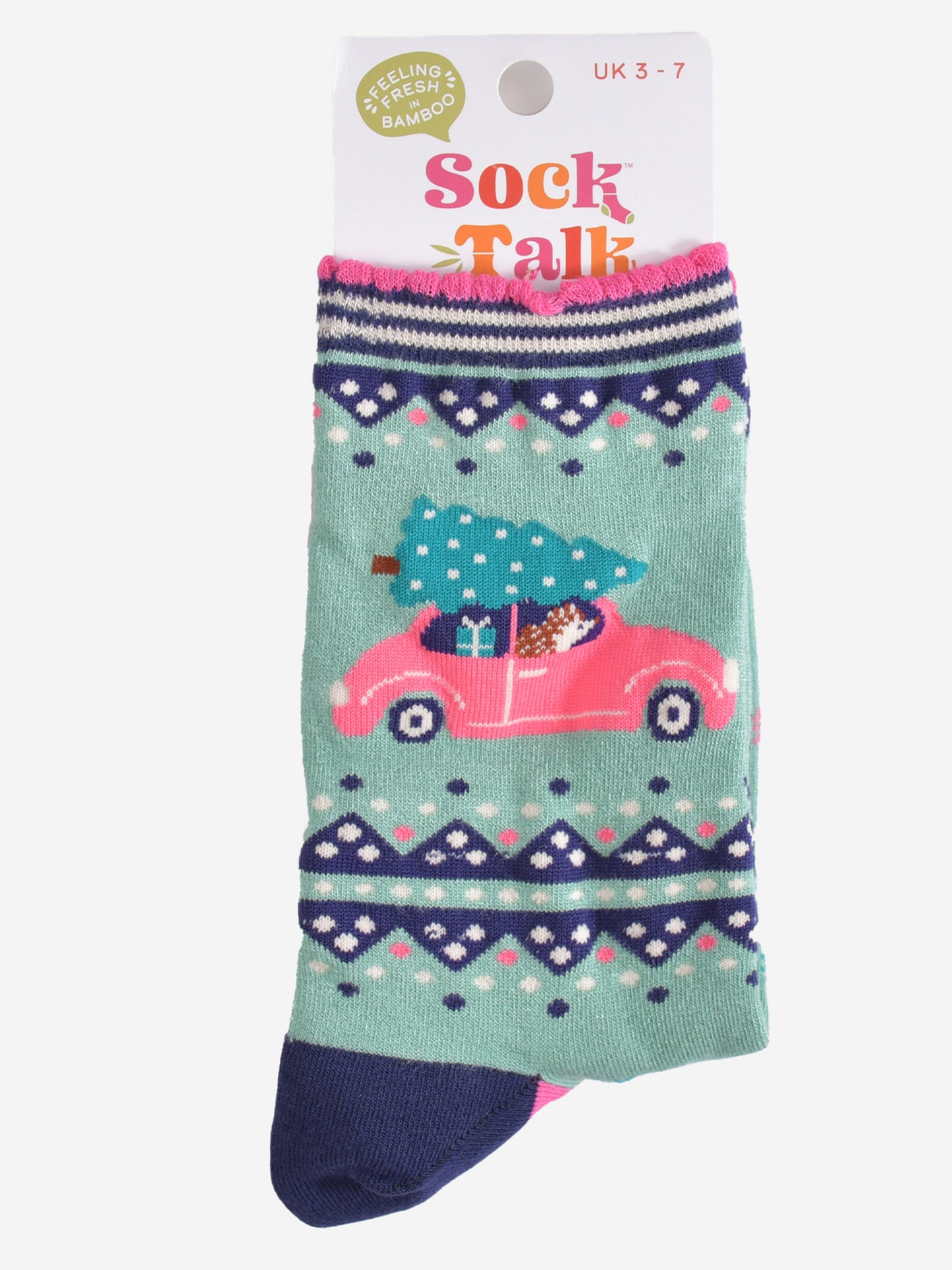 driving hedgehog bamboo socks in their sock talk packaging, these socks are a uk size 3-7