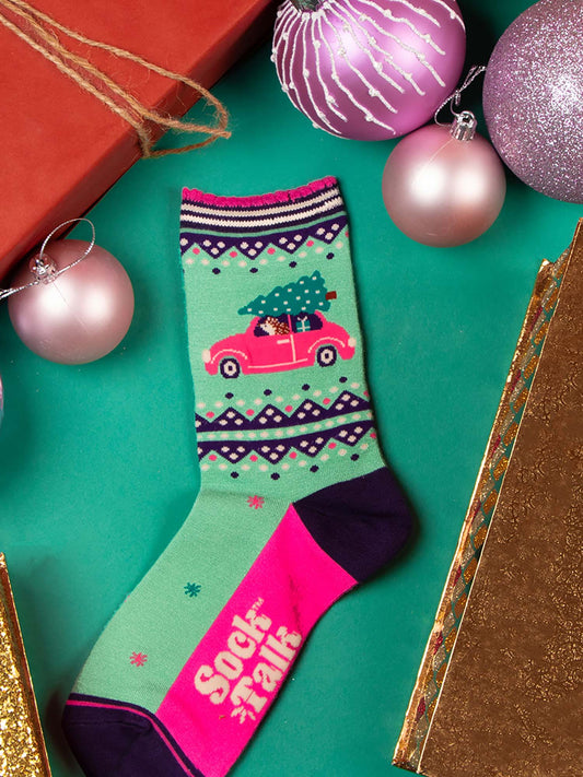 Women's Bamboo Socks - Green/Pink, Christmas Hedgehog Car
