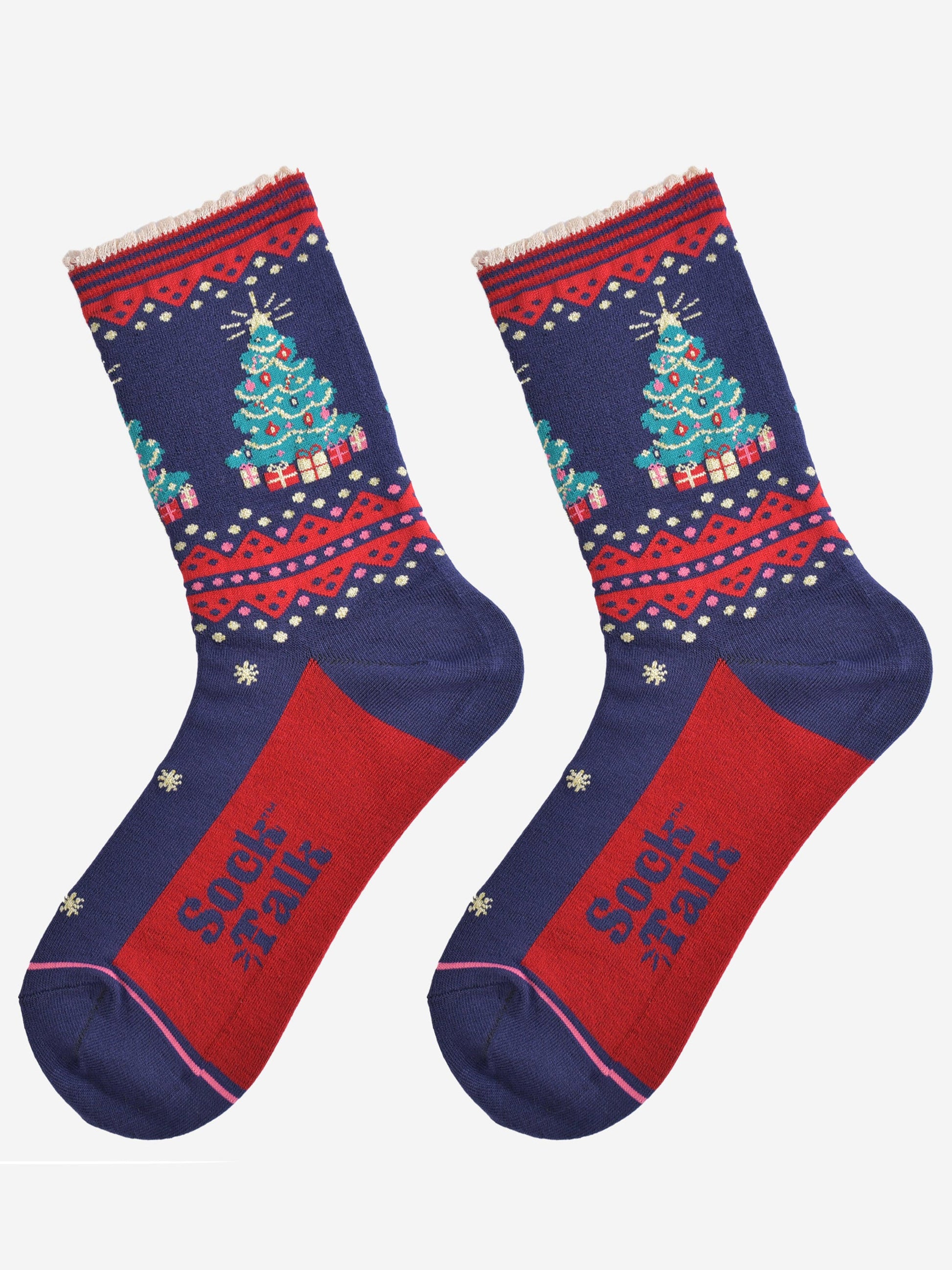 showing the christmas tree socks laying flat, they have a red sole, gold stars and a classic green christmas tree surronded by gifts on the ankle of the socks