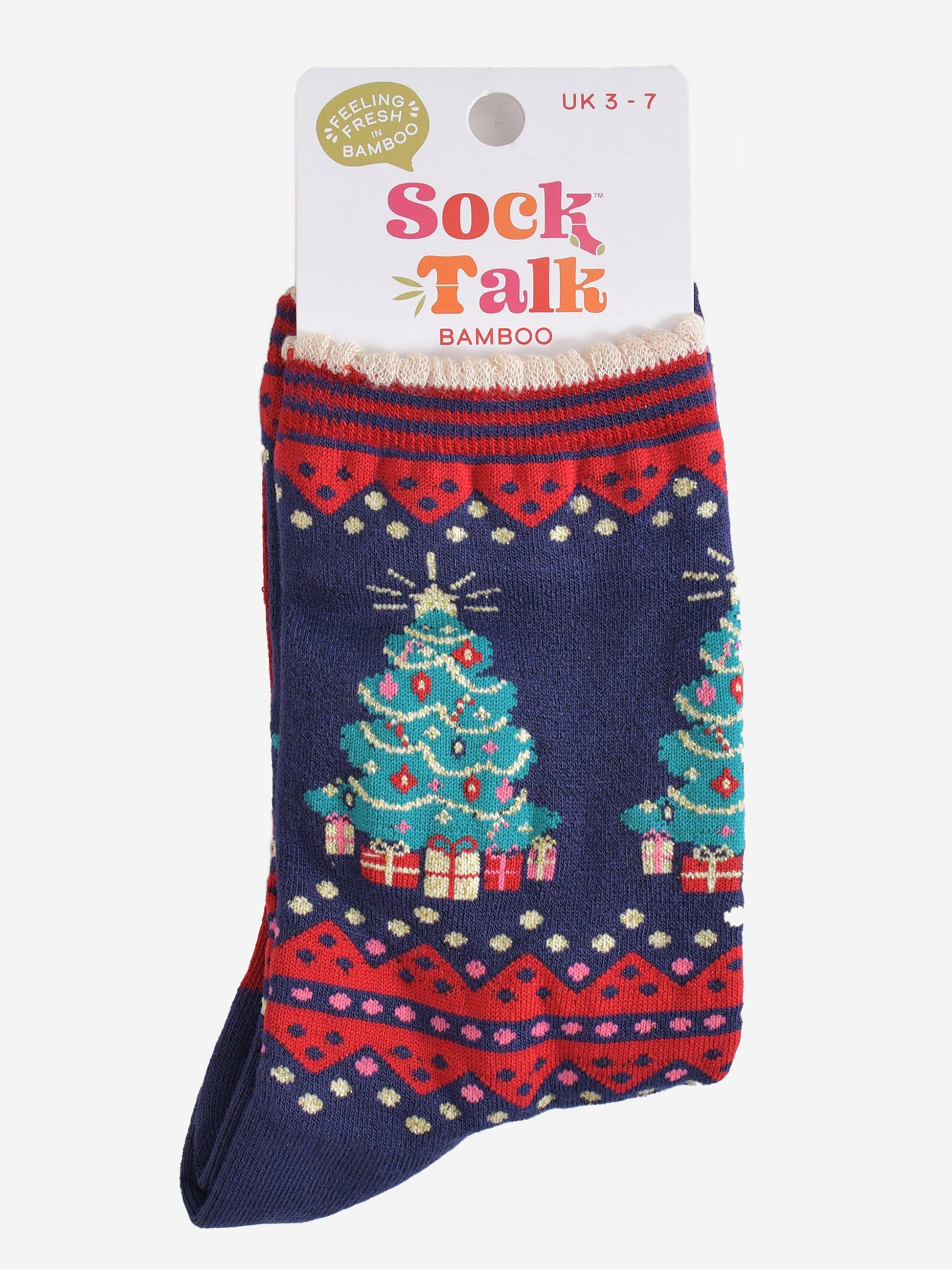 classic christmas tree bamboo socks in their sock talk packaging, these socks are a uk size 3-7